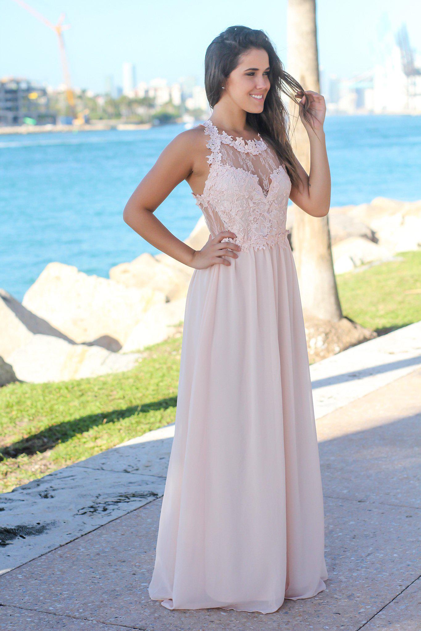 Stunning Blush Maxi Dress with Elegant Lace Top for Special Occasions