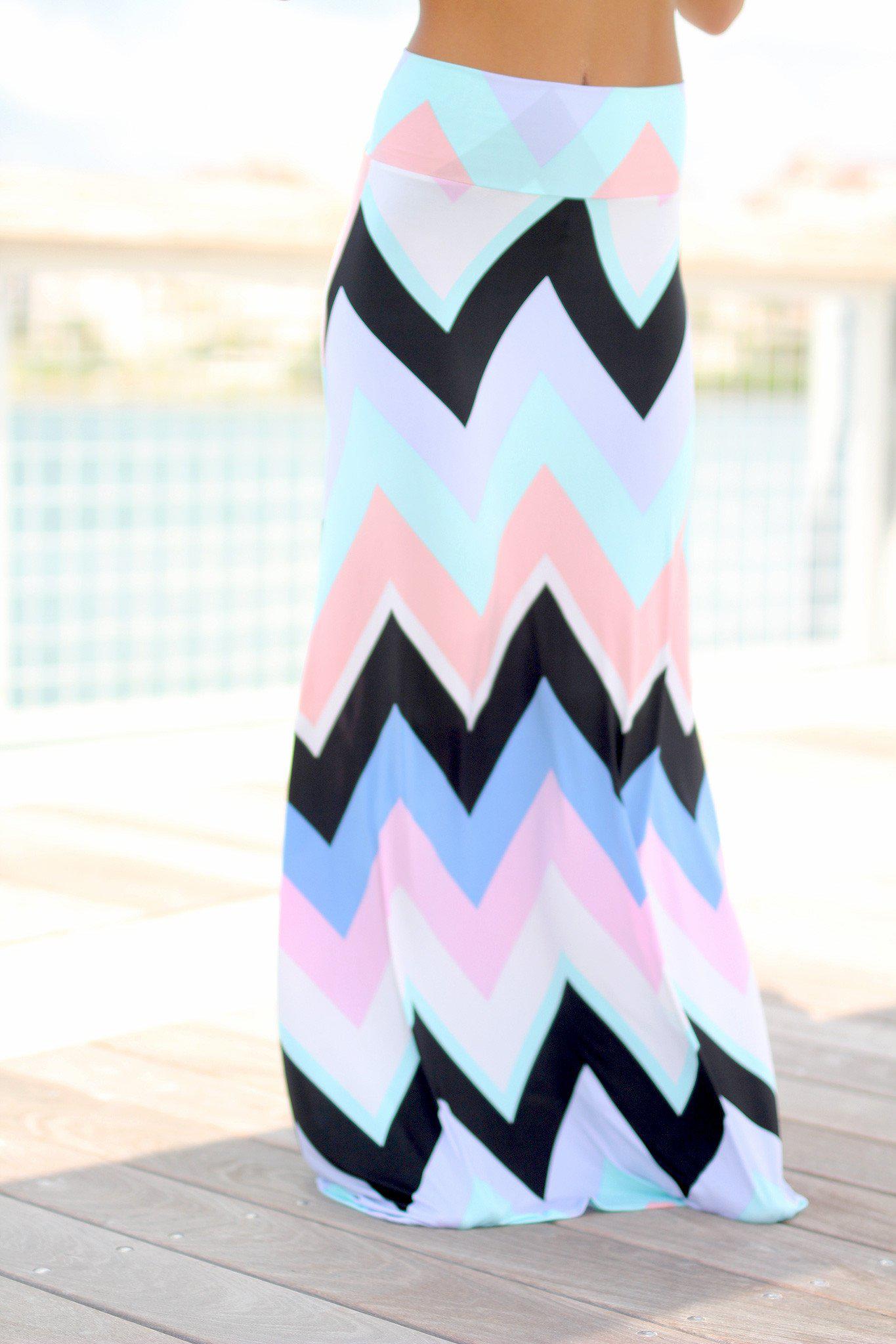 Stylish Mint and Peach Chevron Print Women's Maxi Skirt