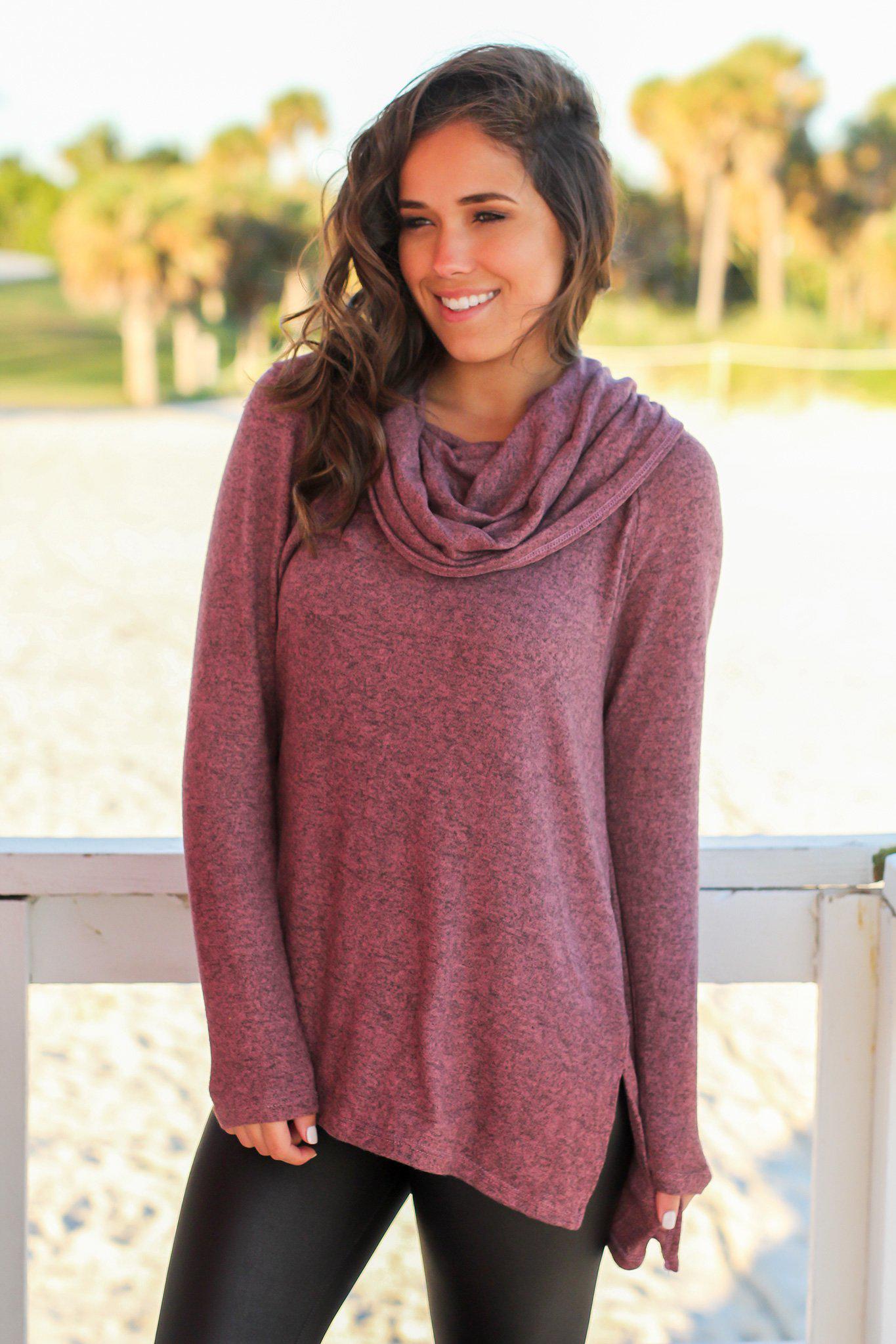 Soft and Stylish Mauve Long - Sleeve Cowl - Neck Loose - Fit Top