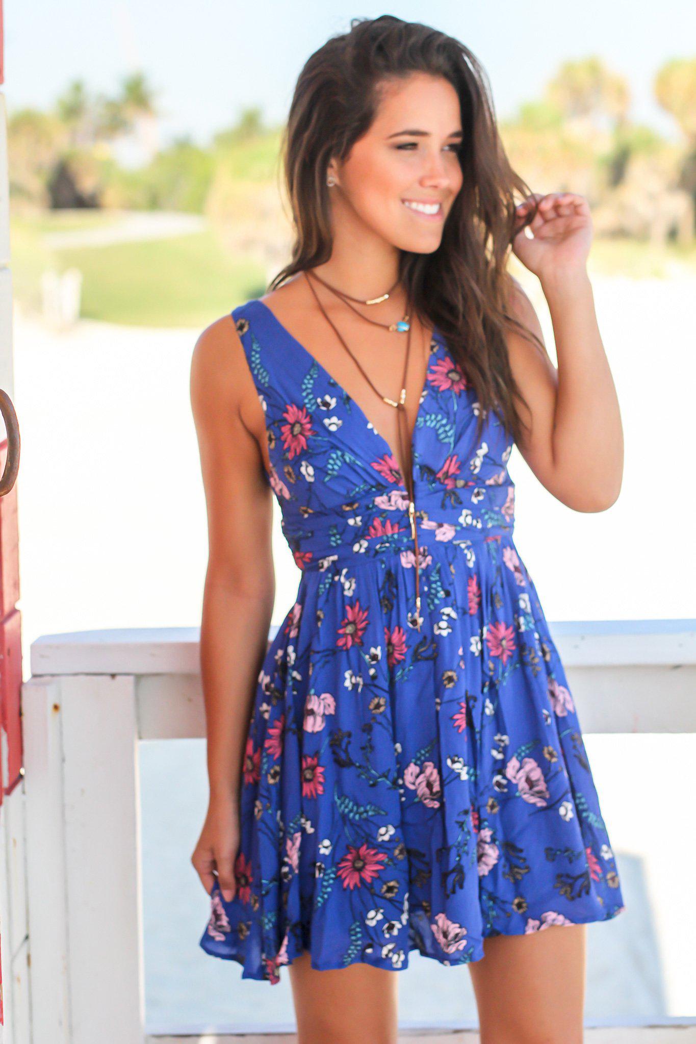 Adorable Short Dusty Blue Floral Dress with Crochet Back Detail