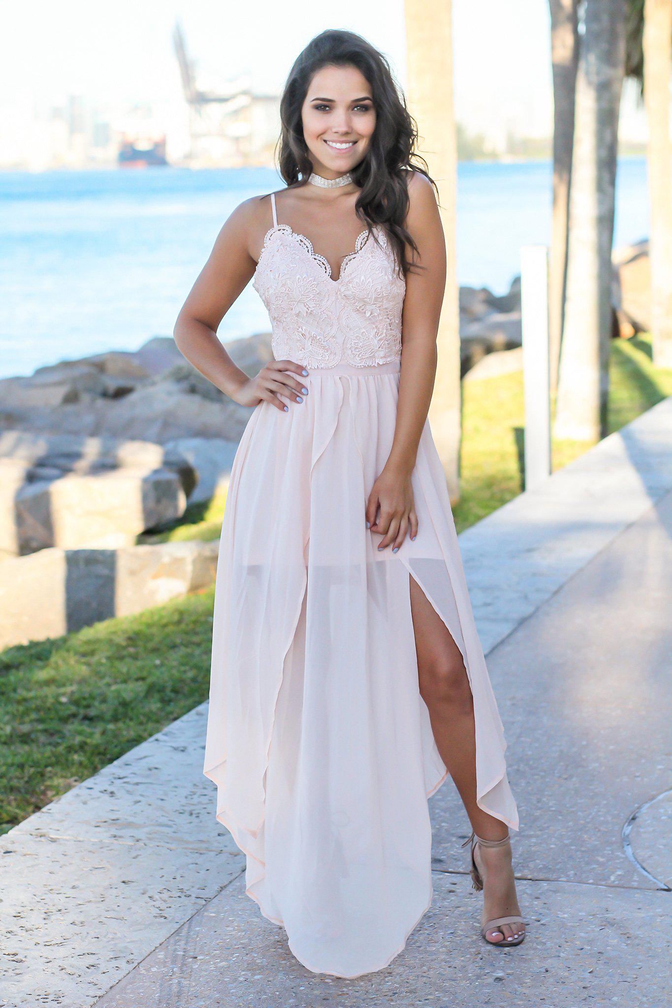 Blush Sleeveless Crochet Top Maxi Dress with Open Back and Side Slits
