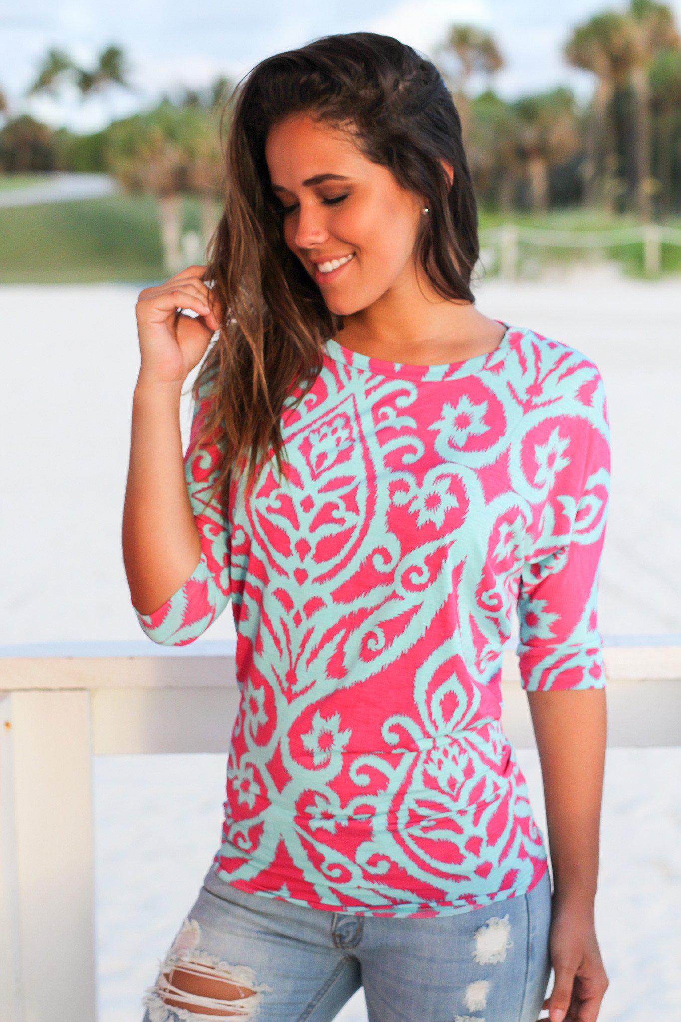 Fashionable Mint and Fuchsia Printed Women's Dolman Style Casual Top