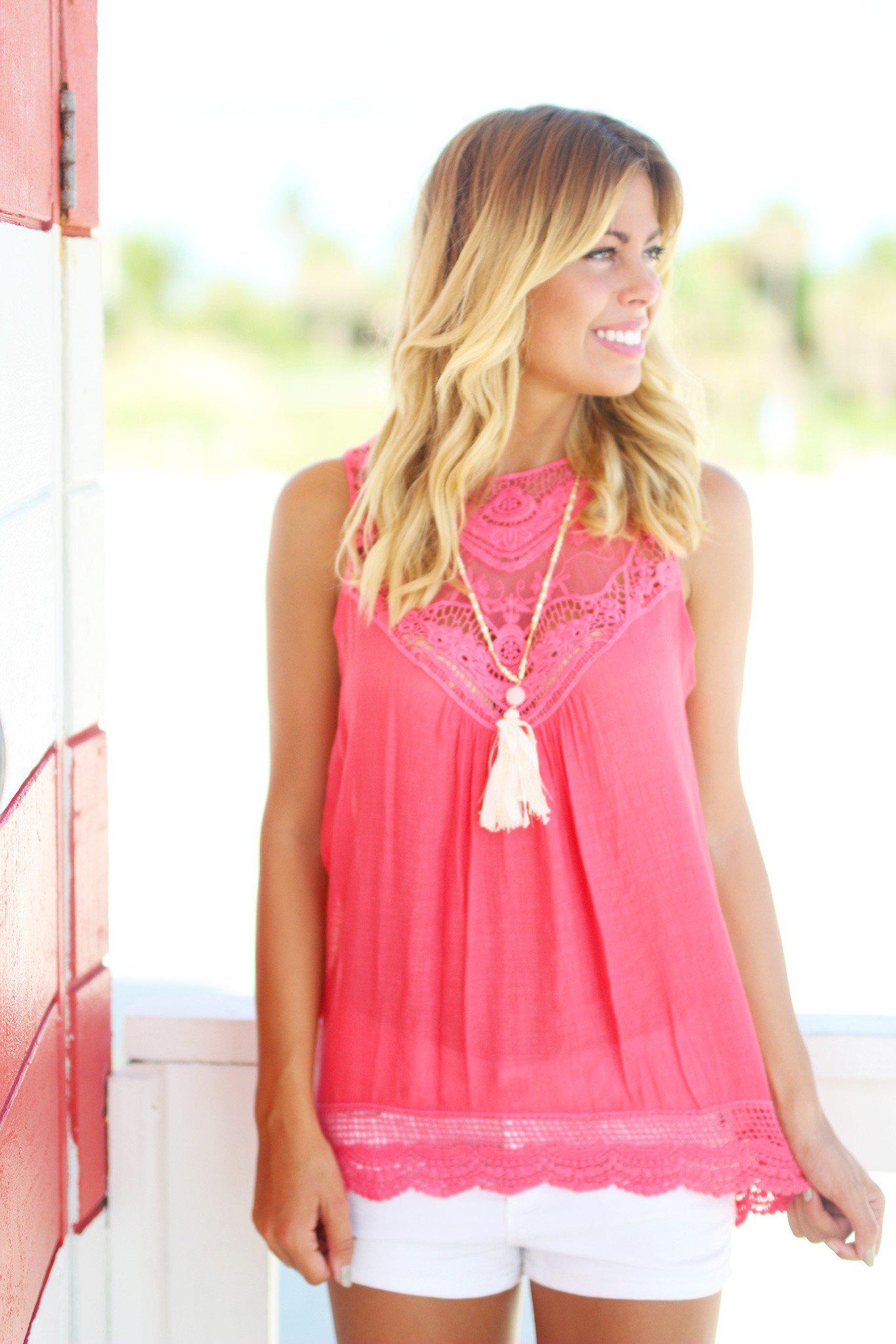 Women's Adorable Coral-Colored Lace Sleeveless Top