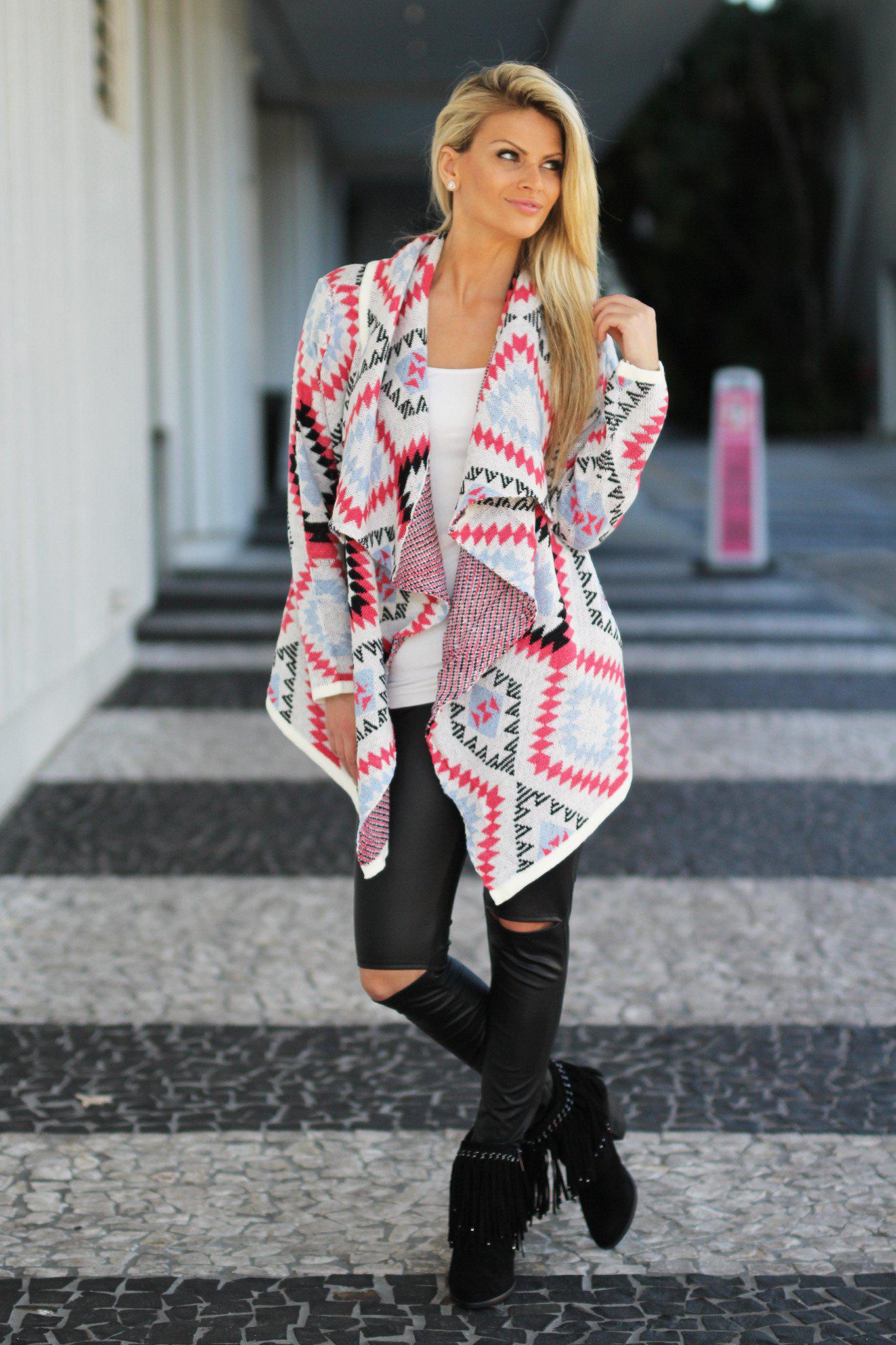 Stylish Coral Aztec Patterned Knit Sweater Cardigan for Fashion Lovers