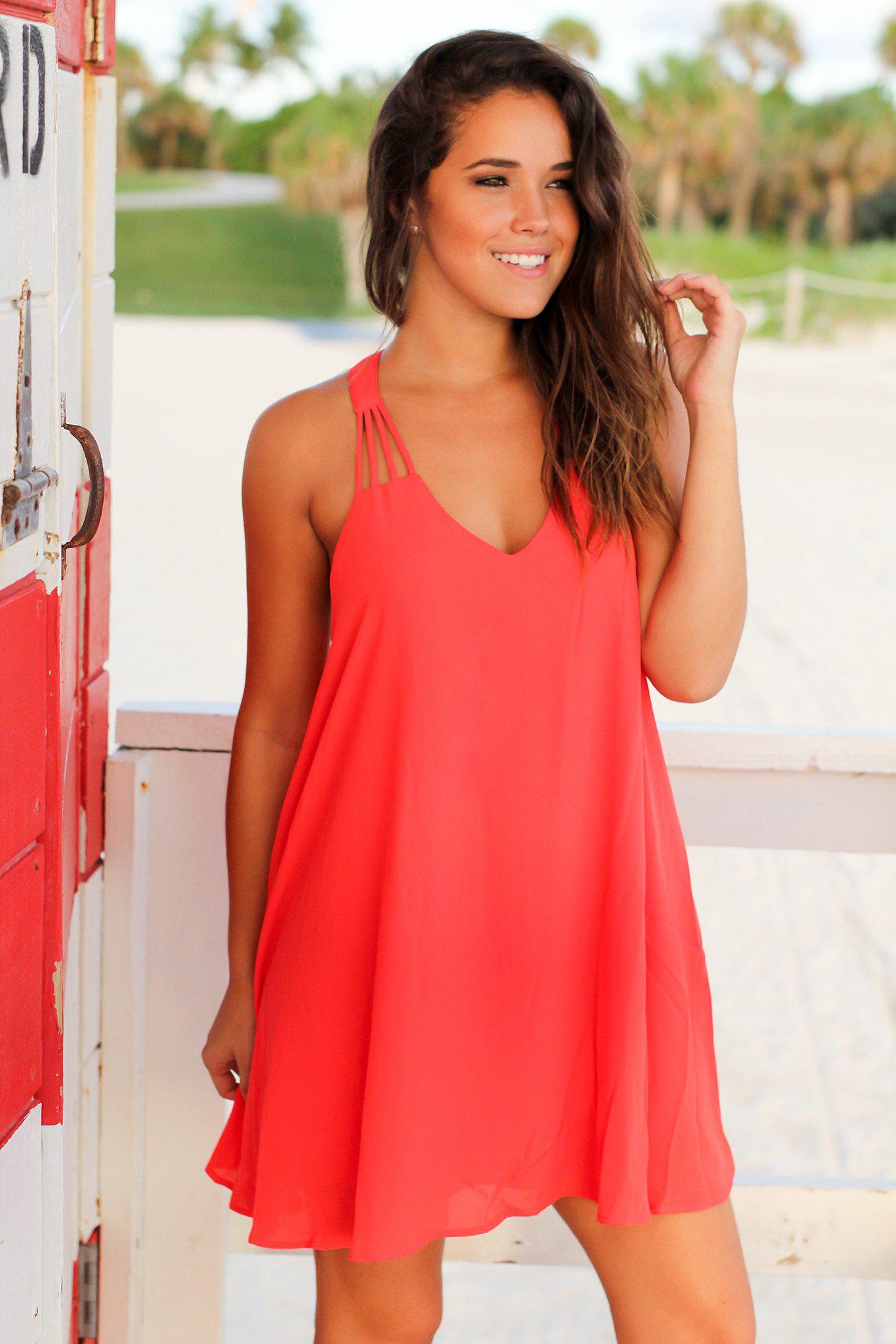 Stylish Coral Strappy Short Women's Dress for Various Occasions