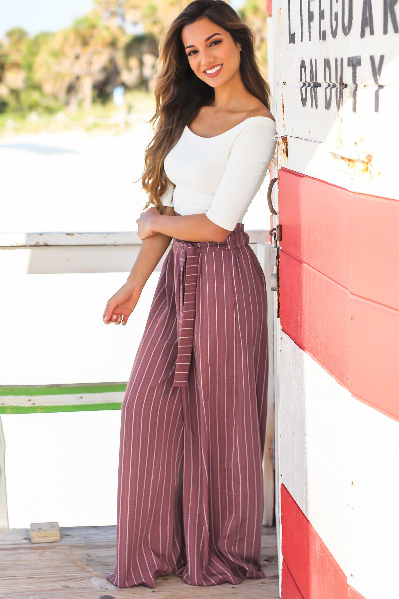 Stylish Mauve Striped High-Waisted Wide Leg Pants
