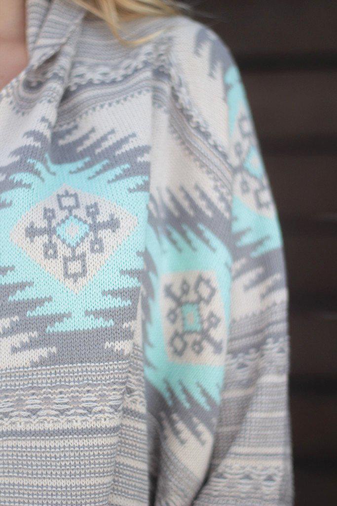 Stylish Mint Aztec Design Open Front Cardigan for Women