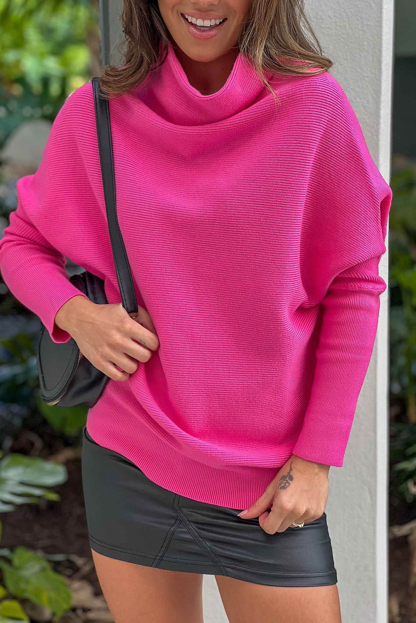 Fashionable Hot Pink Casual Slouch Neck Dolman-Sleeved Pullover Sweater