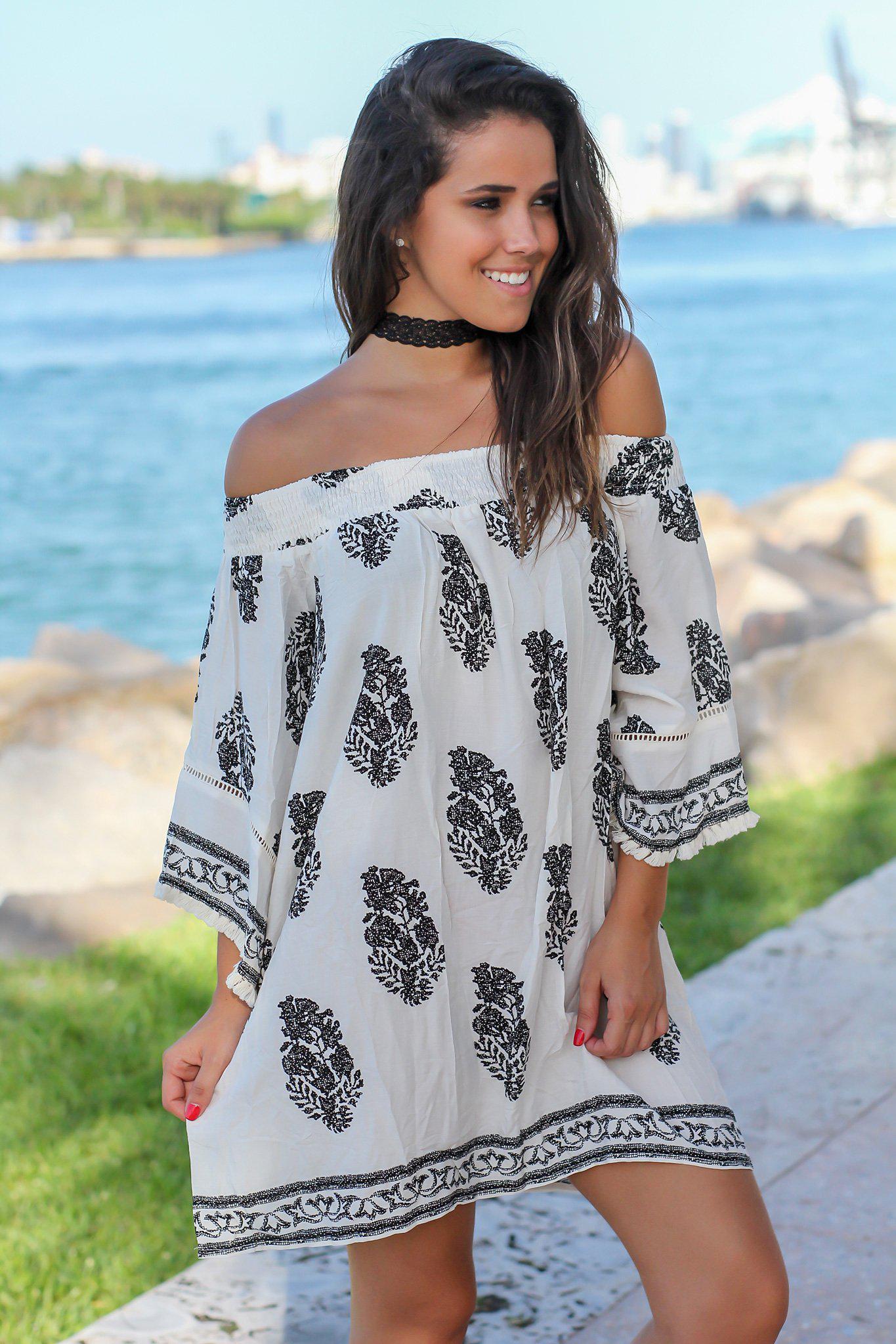 Stylish Ivory and Black Printed Off - Shoulder Short Dress for a Comfy Look