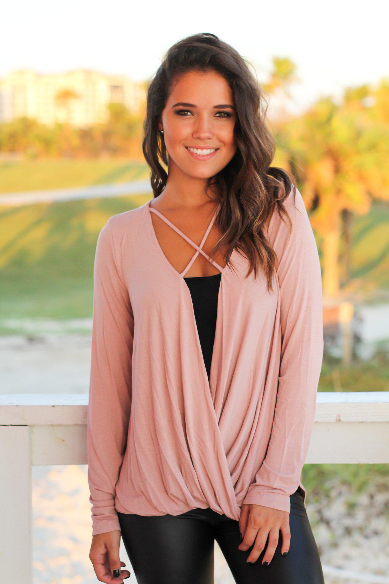 Soft and Comfortable Blush Criss Cross Long - Sleeve Draped Top