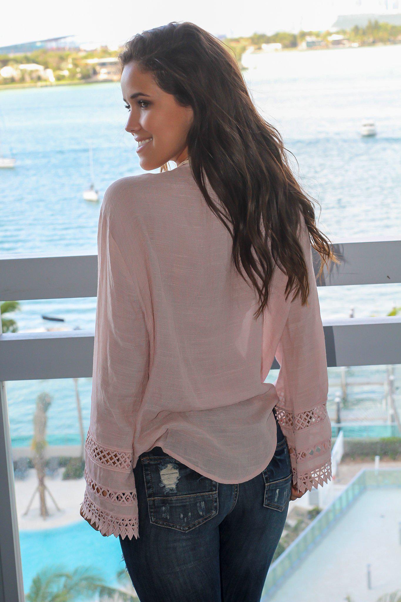 Adorable Blush-colored Crochet Wrap Style Long Sleeve Top