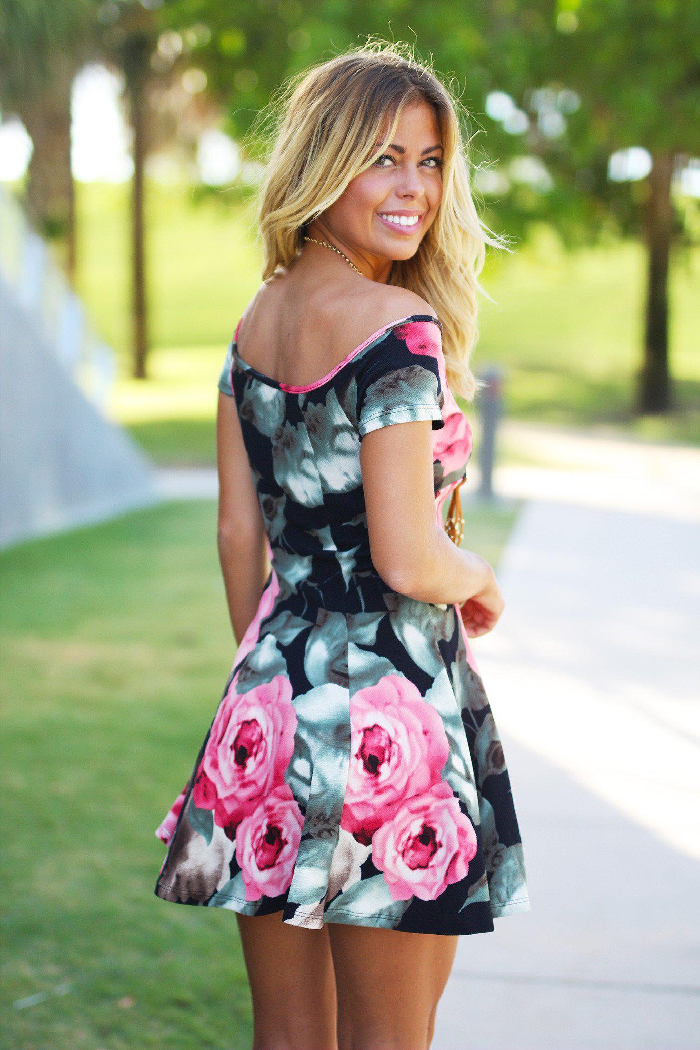 Stylish Black Floral Off - Shoulder Skater Dress with Included Belt
