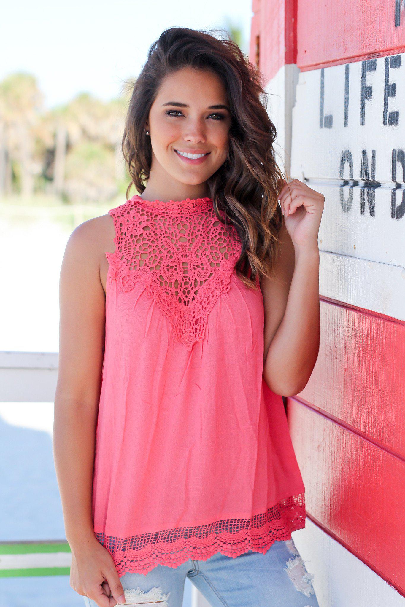Stunning Coral Rayon Crochet Sleeveless Top with Neck Buttons