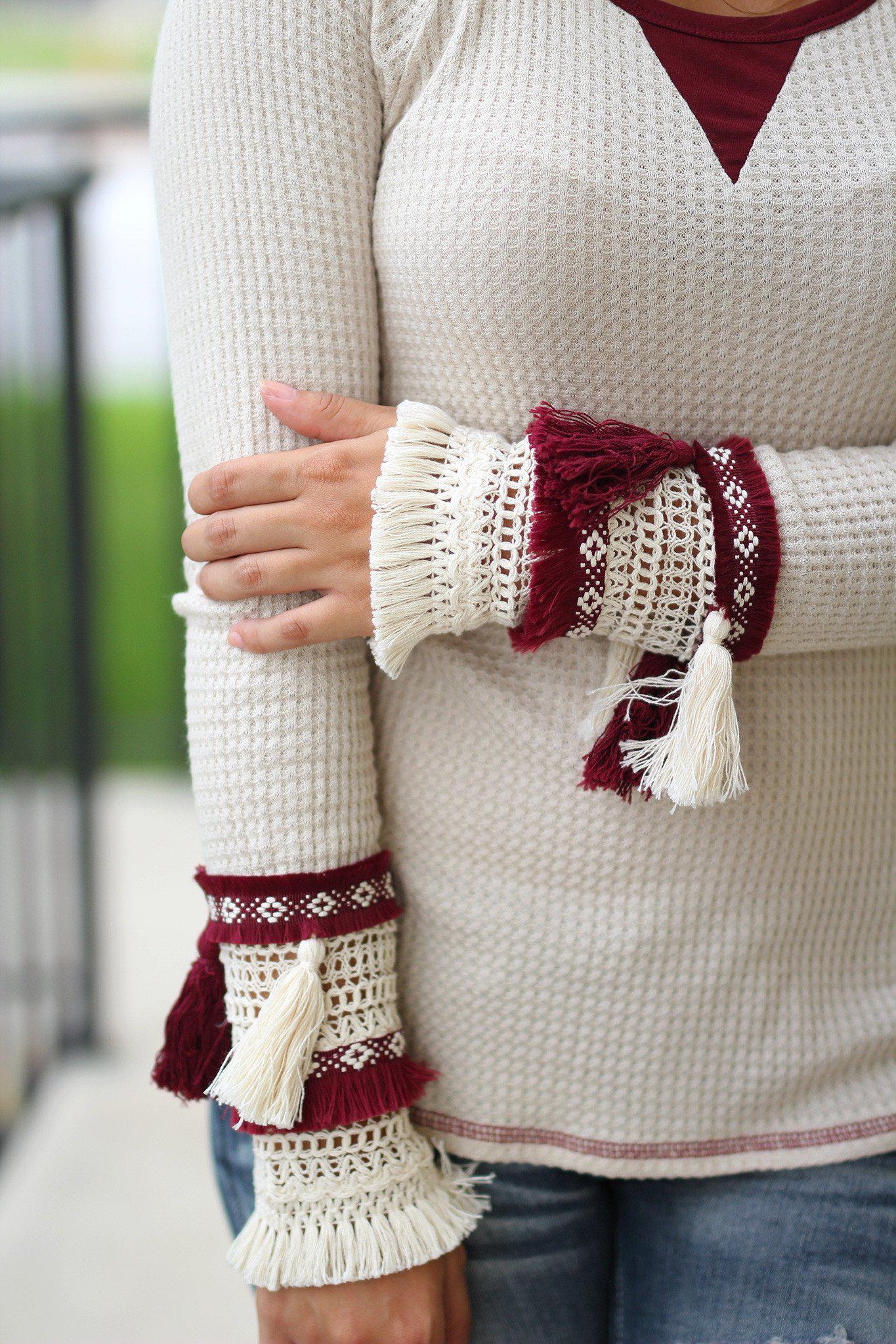 Stylish Cream and Wine Colored Long - Sleeve Top with Decorative Tassels