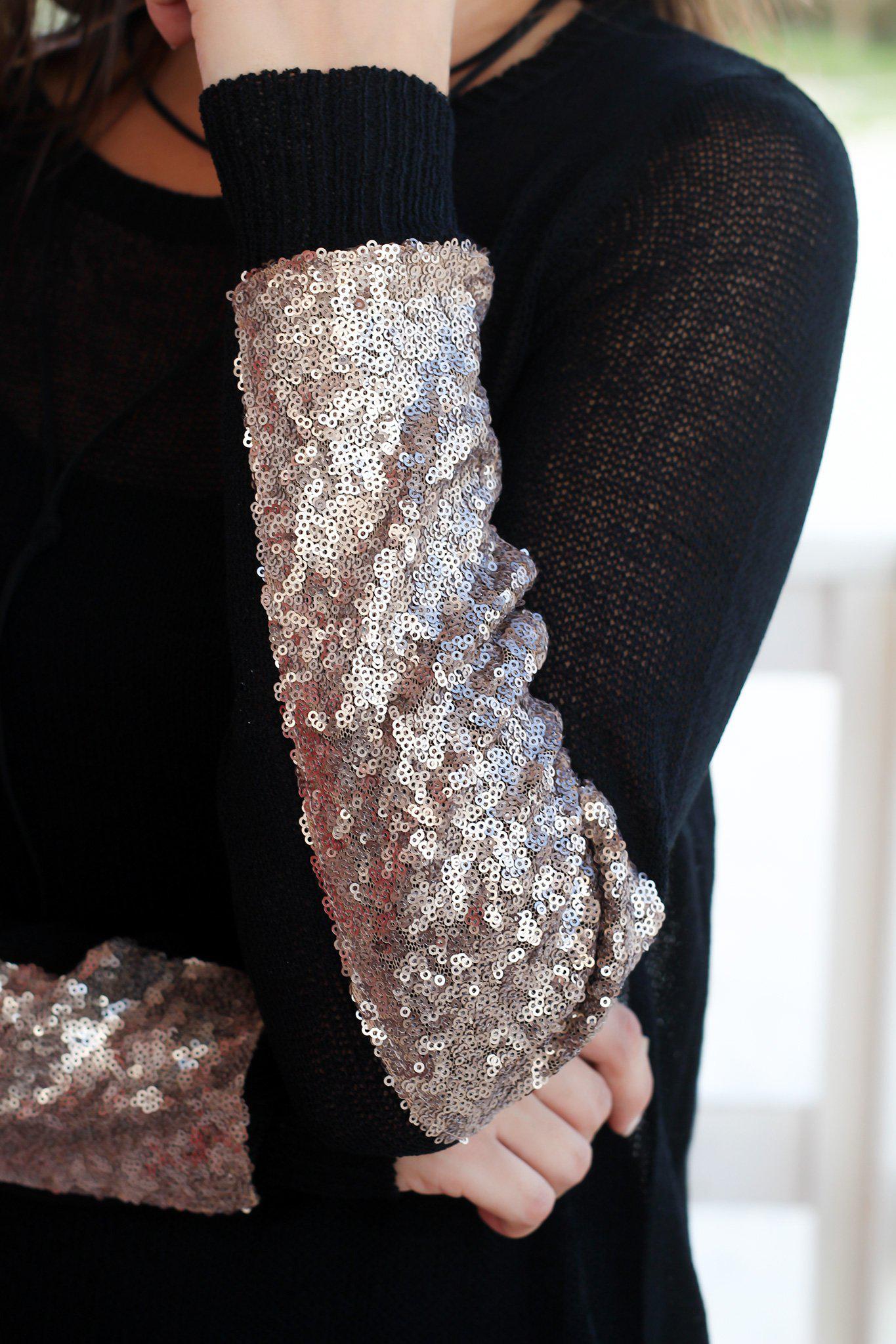 Stylish Black Sheer Top Featuring Taupe Sequined Long Sleeves