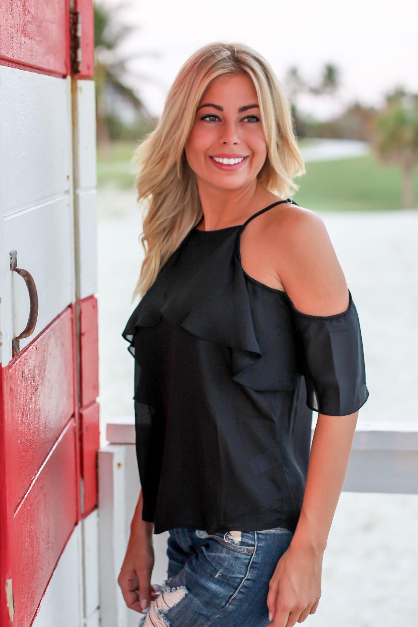 Stylish Black Open-Shoulder Ruffle Top for Fashionable Look