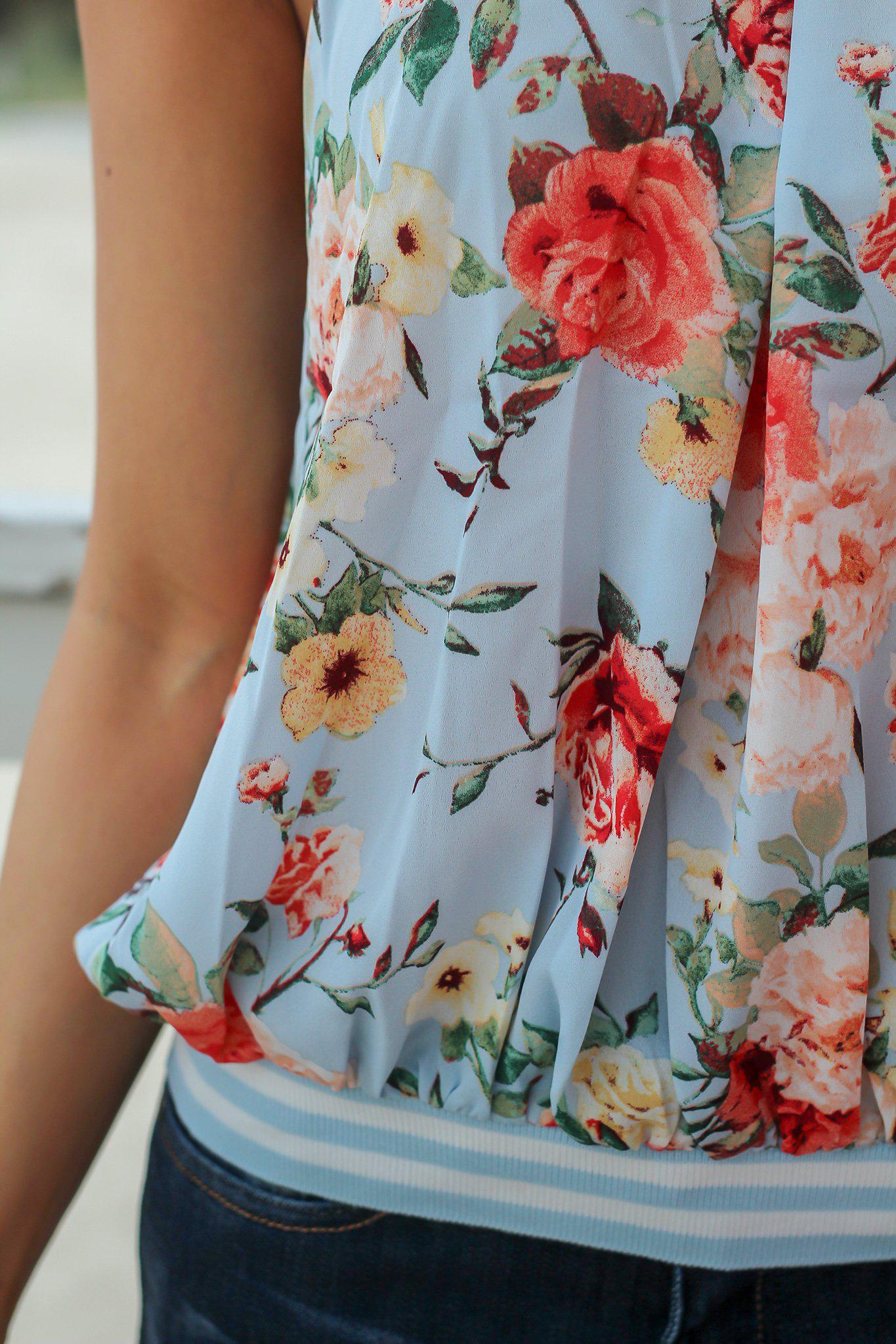 Stylish Blue Floral Patterned Pleated Halter Neck Tank Top for Women