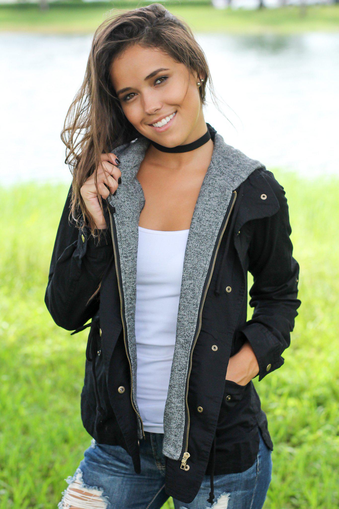 Stylish Black Cotton Jacket with a Chic Gray Hood for Fall