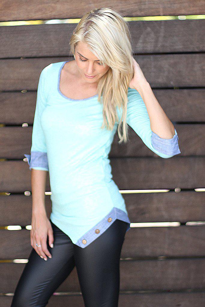 Stylish Mint-Colored Asymmetrical Women's Casual Top with Wooden Buttons and Three - Quarter Sleeves