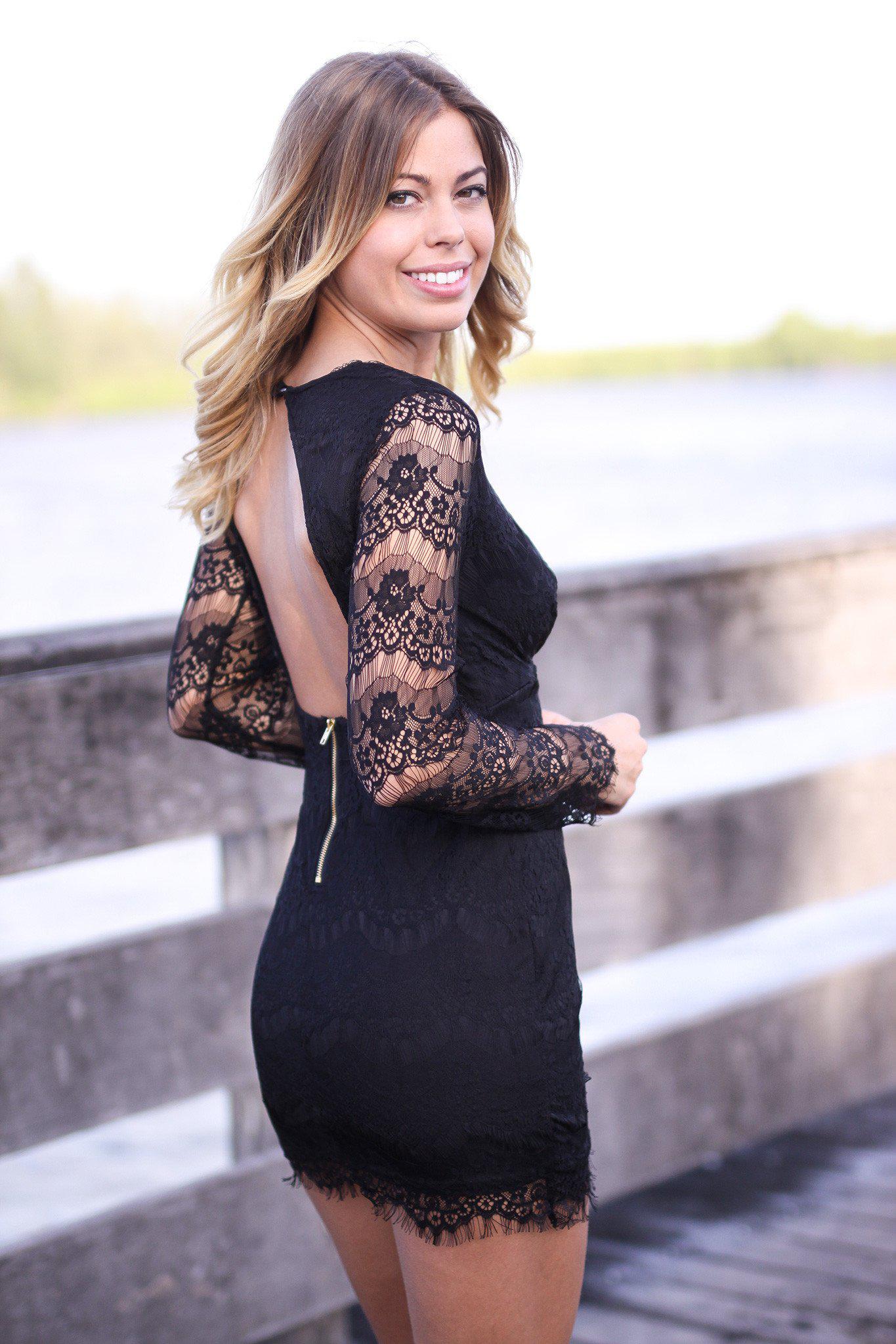 Elegant Women's Black Lace Long-Sleeved Short Dress with Open Back for Special Occasions