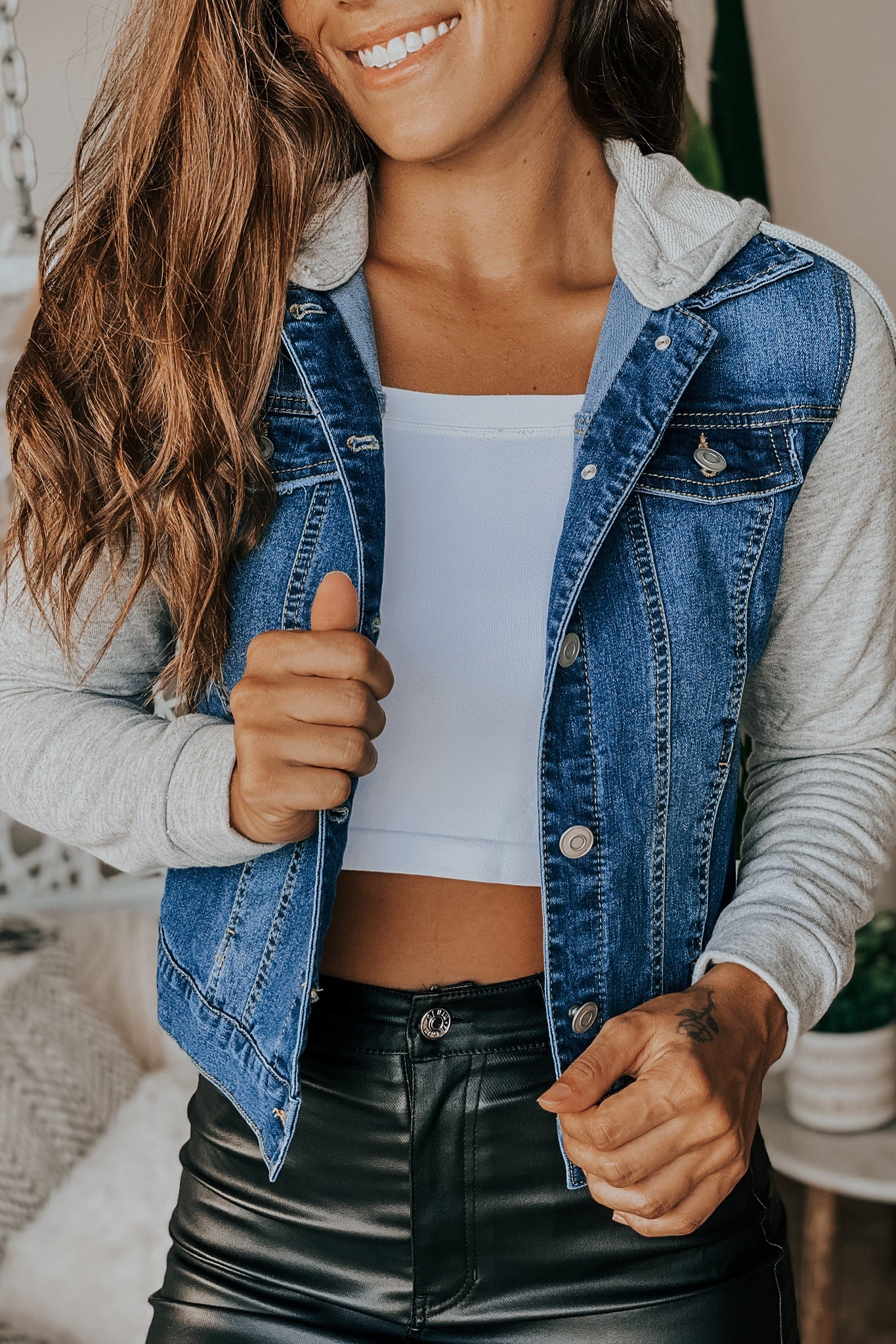 Stylish Blue Denim Jean Jacket with a Charming Gray Hood for Girls