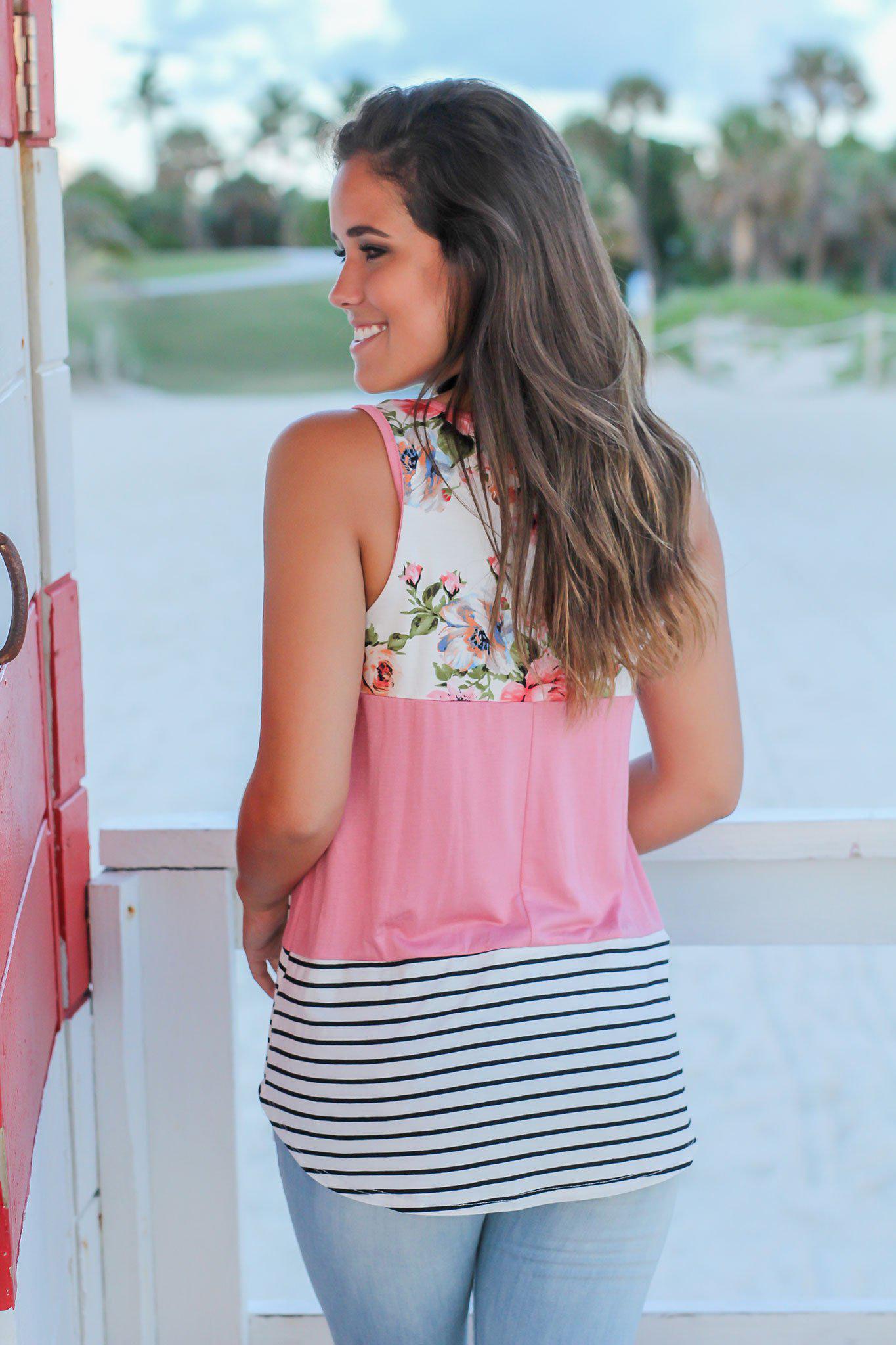 Stylish Mauve Floral and Striped Women's Tank Top