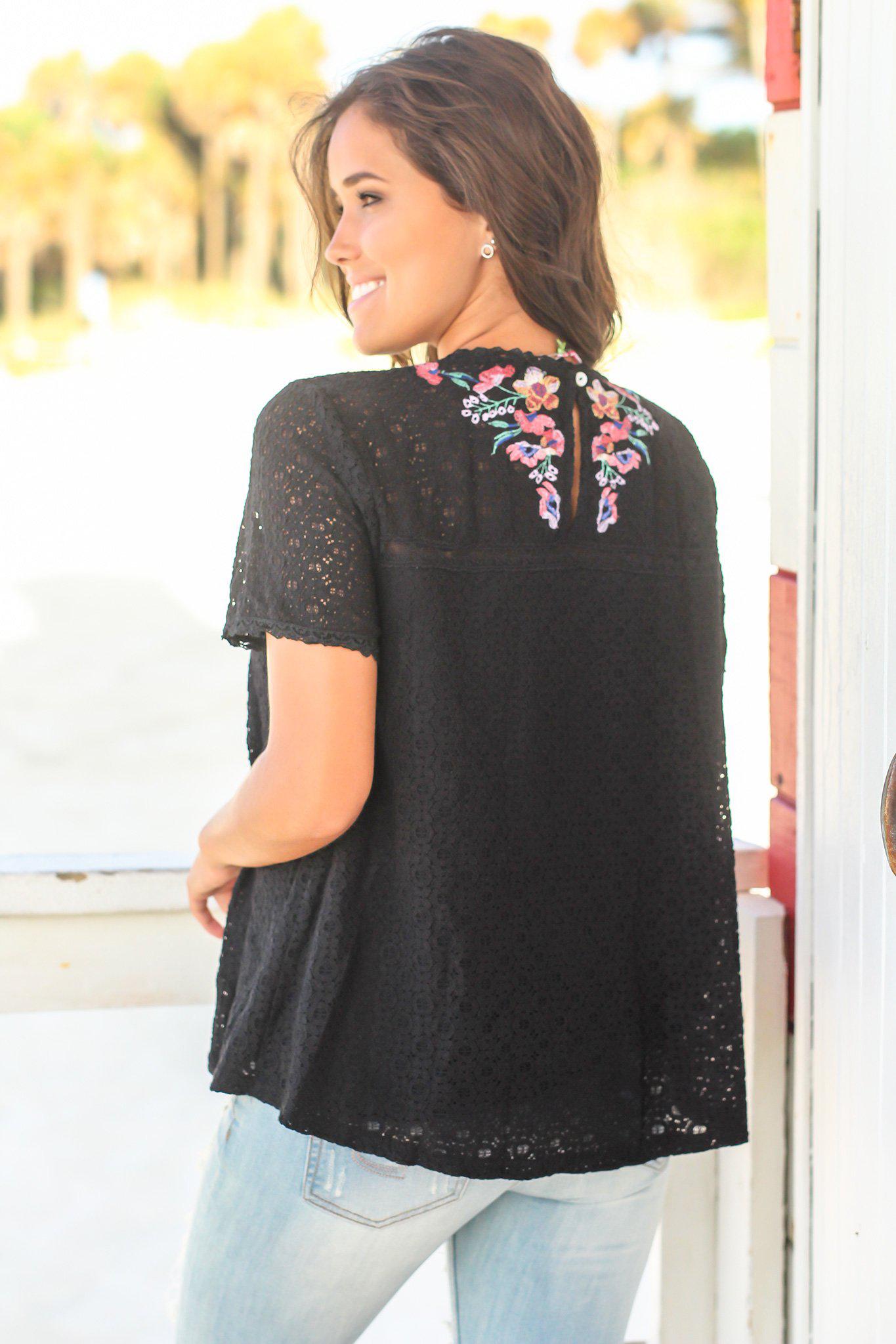 Stylish Women's Black Lace Embroidered Fashion Top