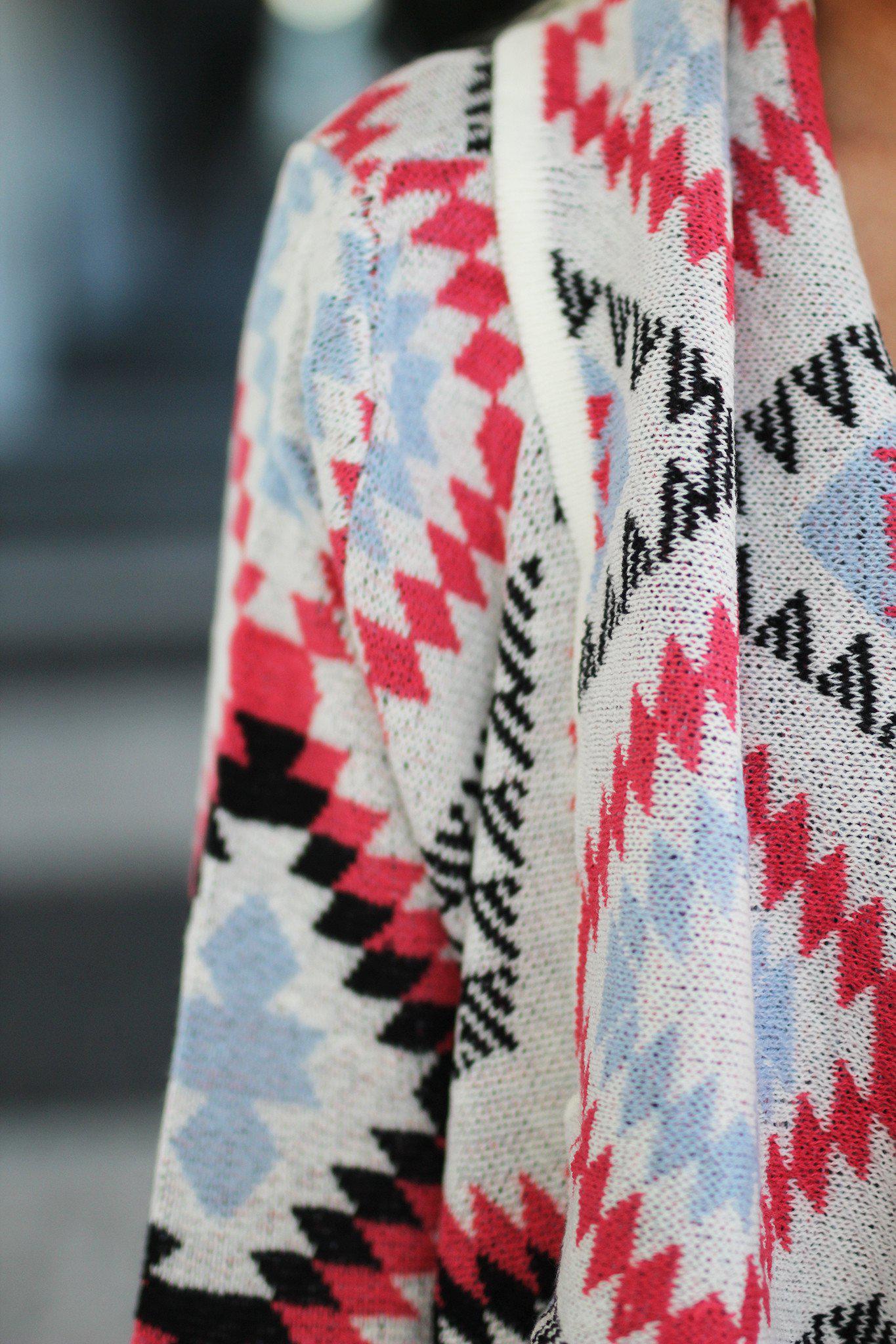 Stylish Coral Aztec Patterned Knit Sweater Cardigan for Fashion Lovers