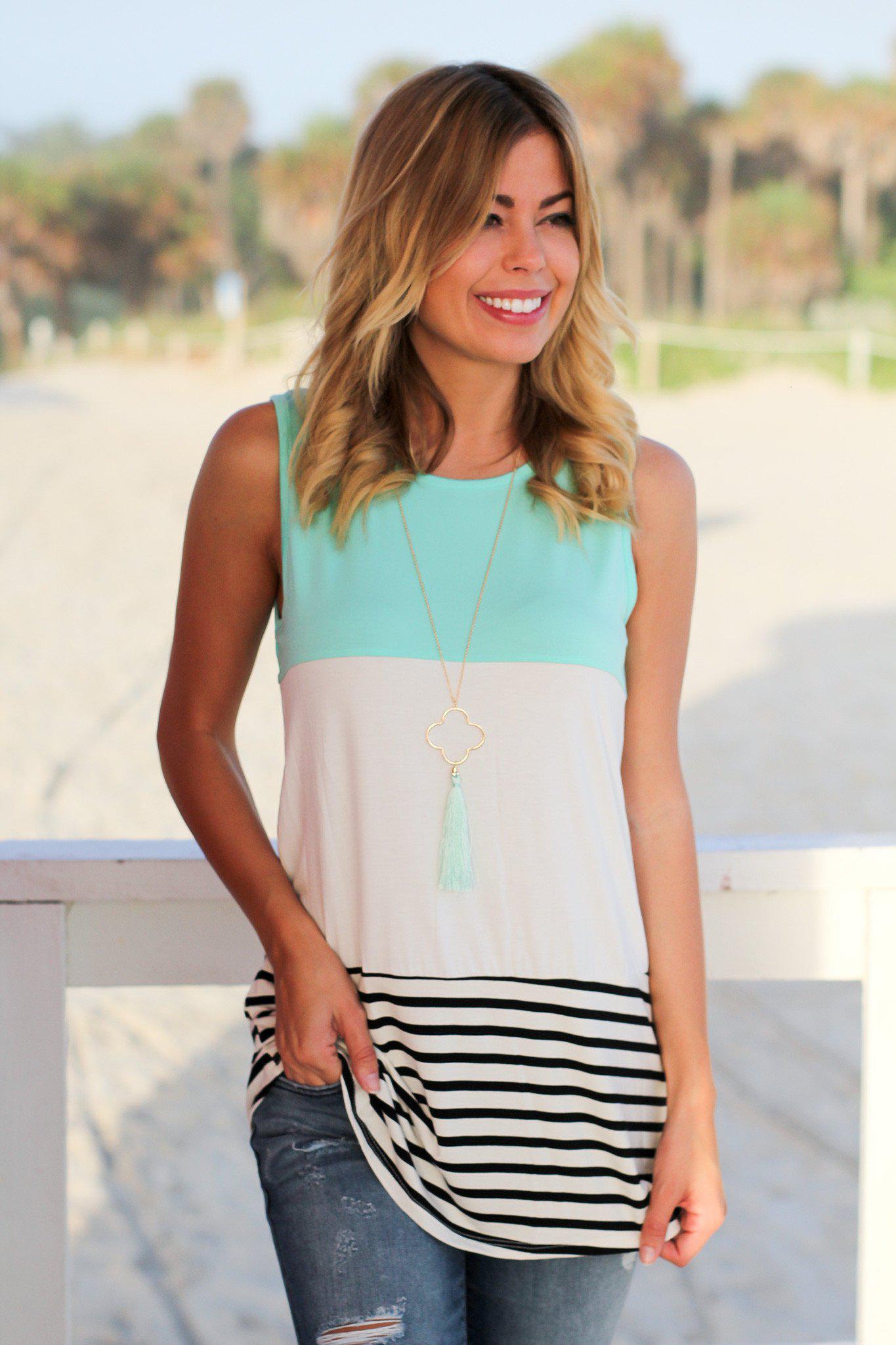 Spring and Summer Mint Colored Block Sleeveless Tank Top with Crochet and Button Detail on the Back