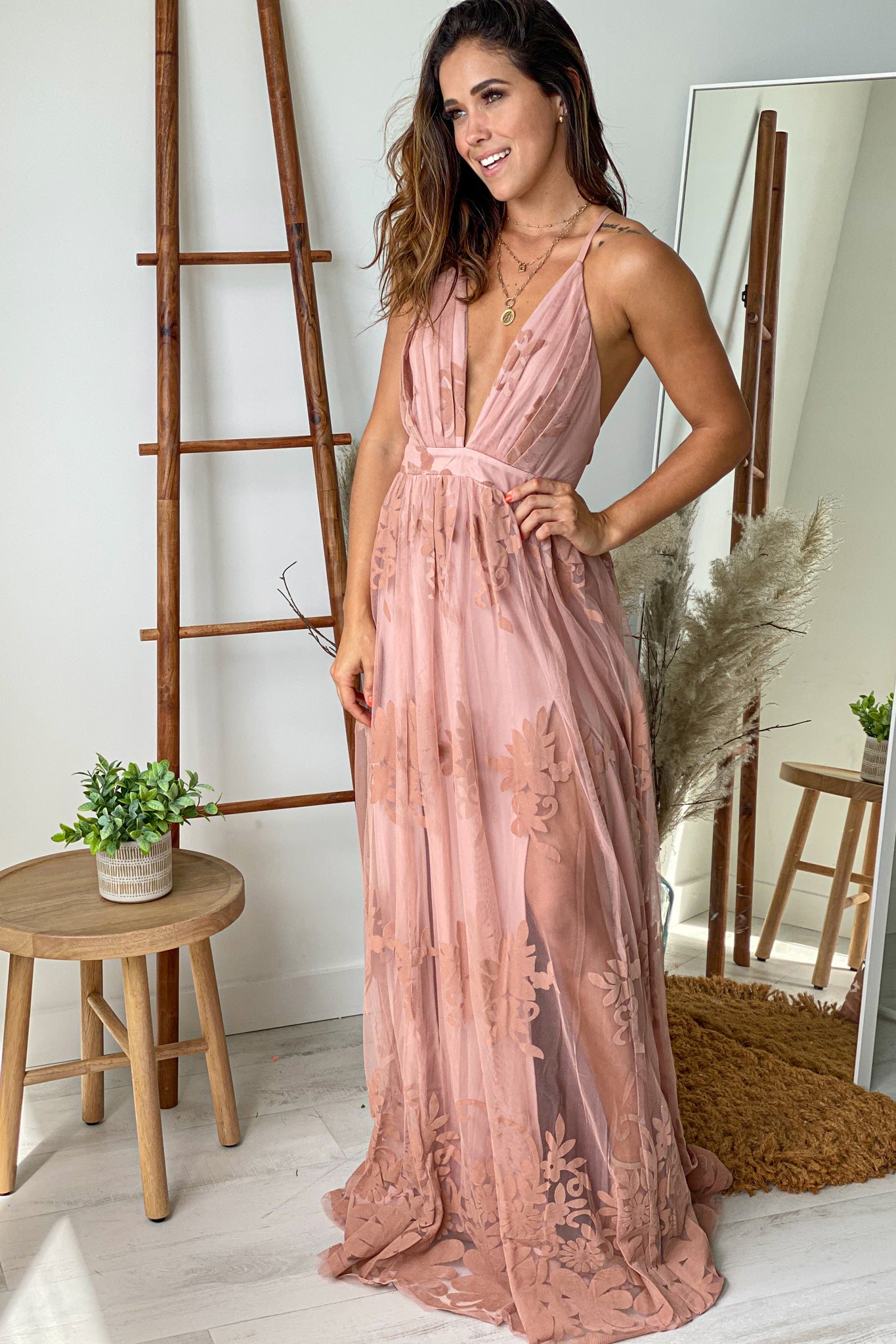 Elegant Blush-Colored Floral-Printed Tulle Women's Maxi Dress with Criss Cross Back Design