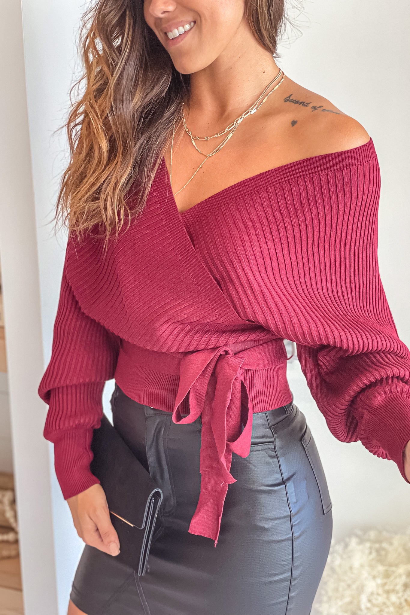 Cherry Stone Fashionable Dolman-Style Wrap Women's Top With Decorative Tie