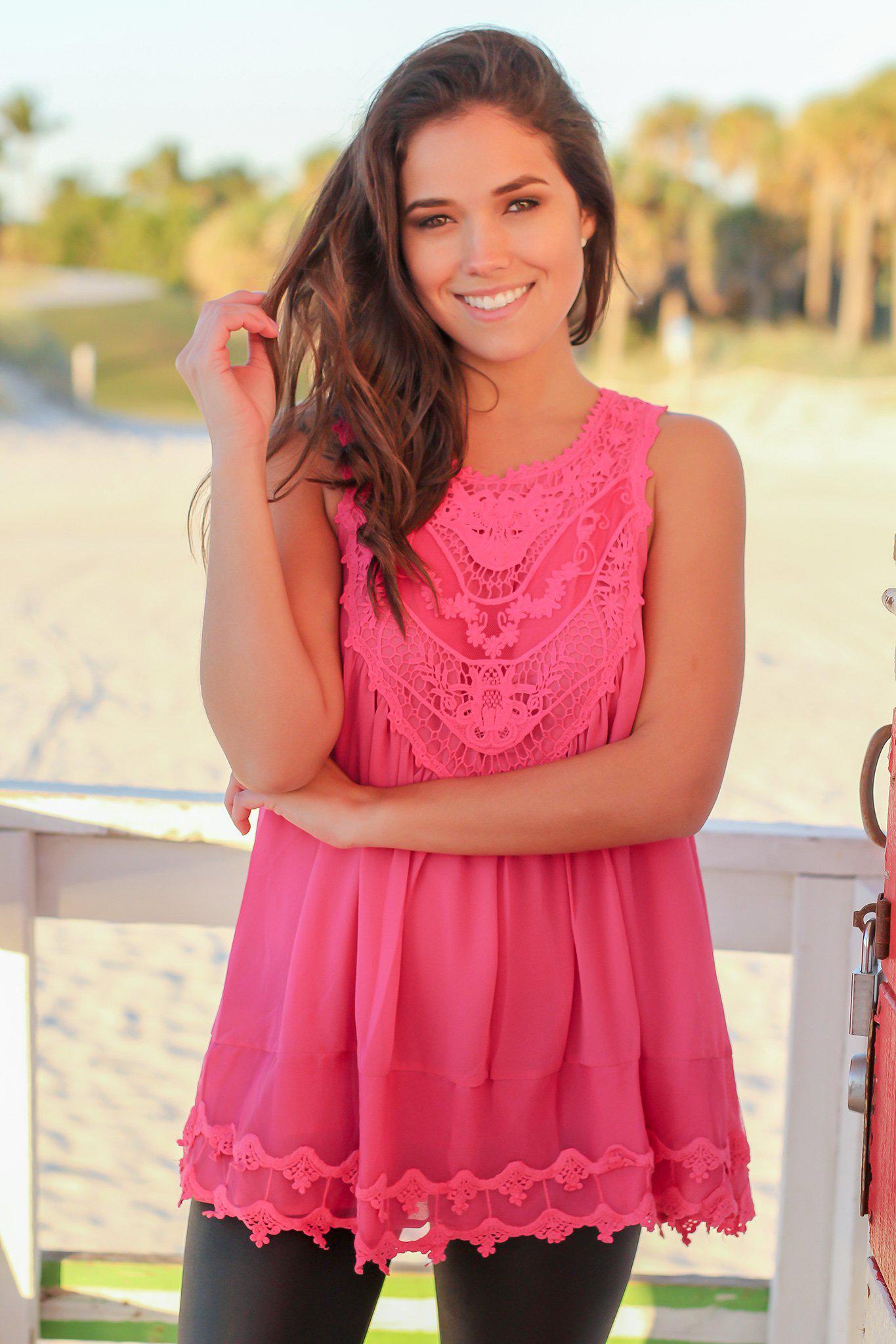 Gorgeous Hot Pink Polyester Chiffon Crochet Sleeveless Women's Top
