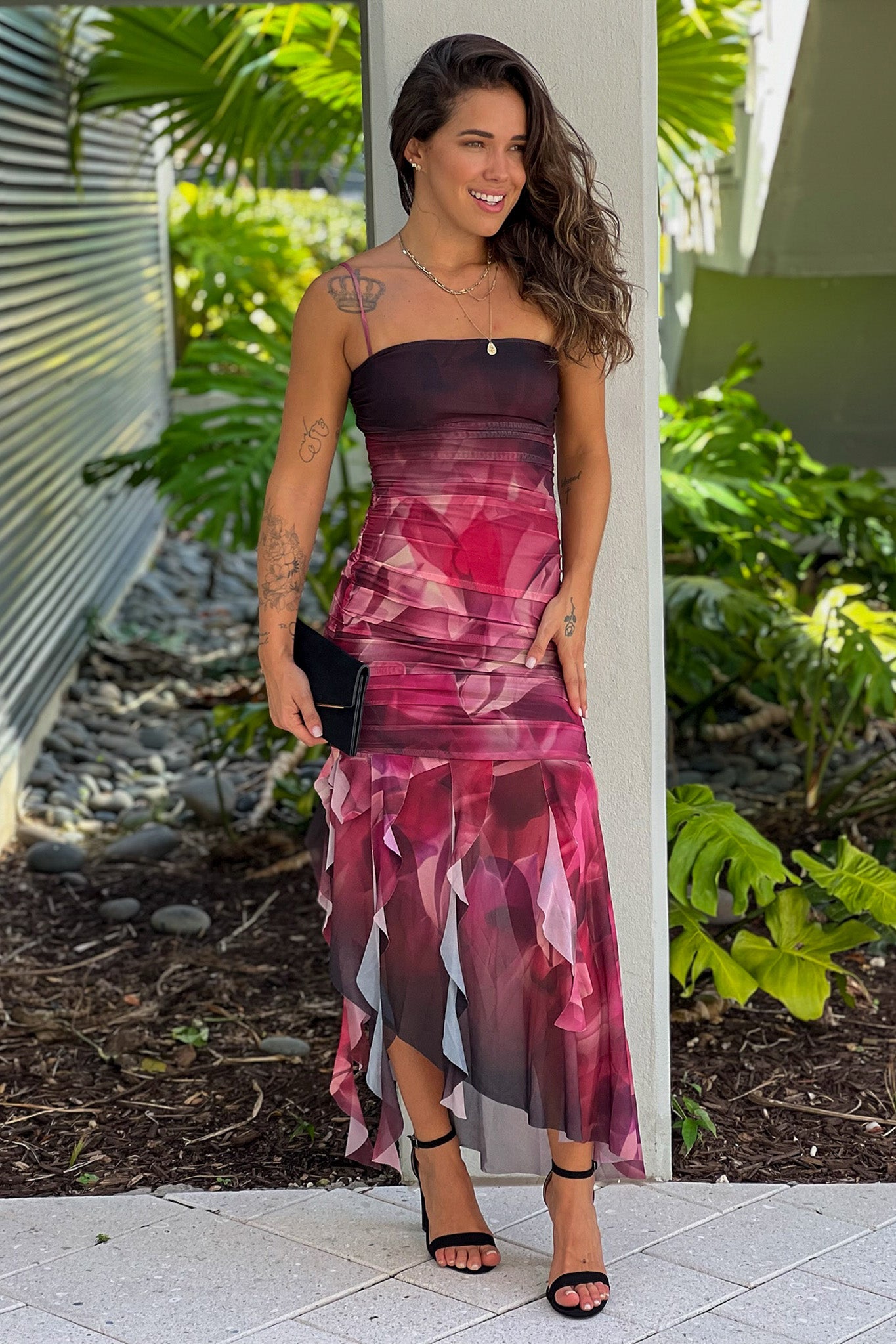 Gorgeous Black-Printed Asymmetrical Ruffled Women's Dress