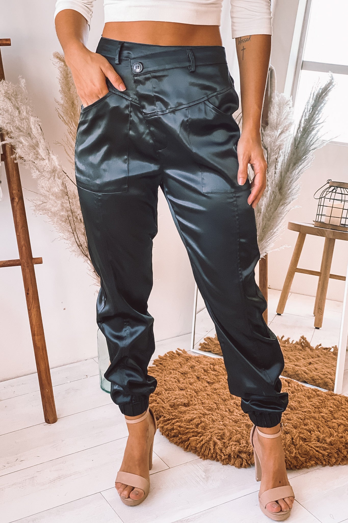 Stylish Black Satin Asymmetrical Elastic - Waist Joggers