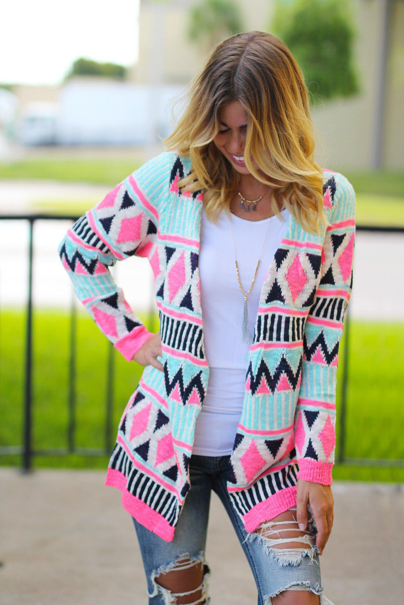 Stylish Mint and Neon Pink Knit Open Cardigan for Fall and Winter