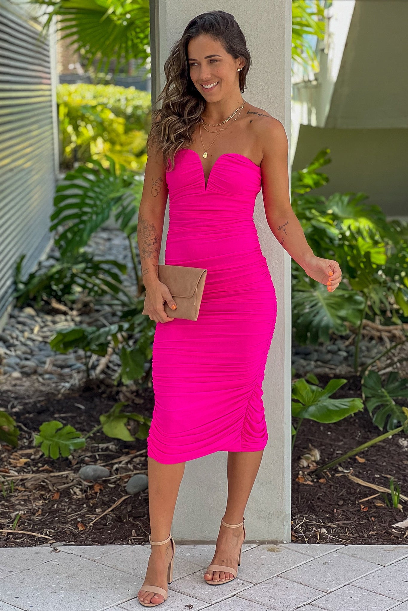 Stunning Hot Pink Sweetheart Neckline Mesh Midi Dress for Fashion - Forward Women