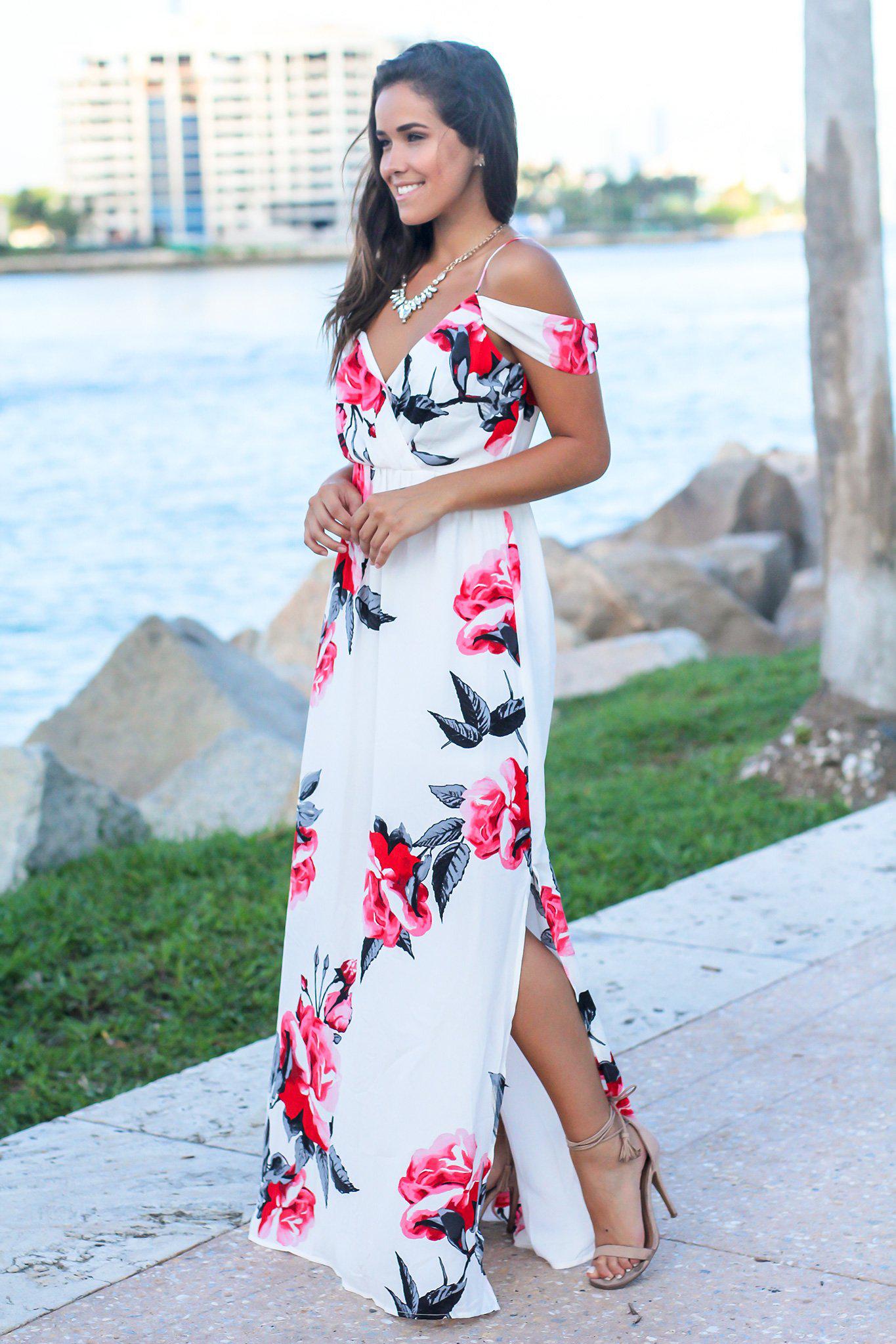 Stunning Ivory and Red Floral Cold - Shoulder Open - Back Maxi Dress