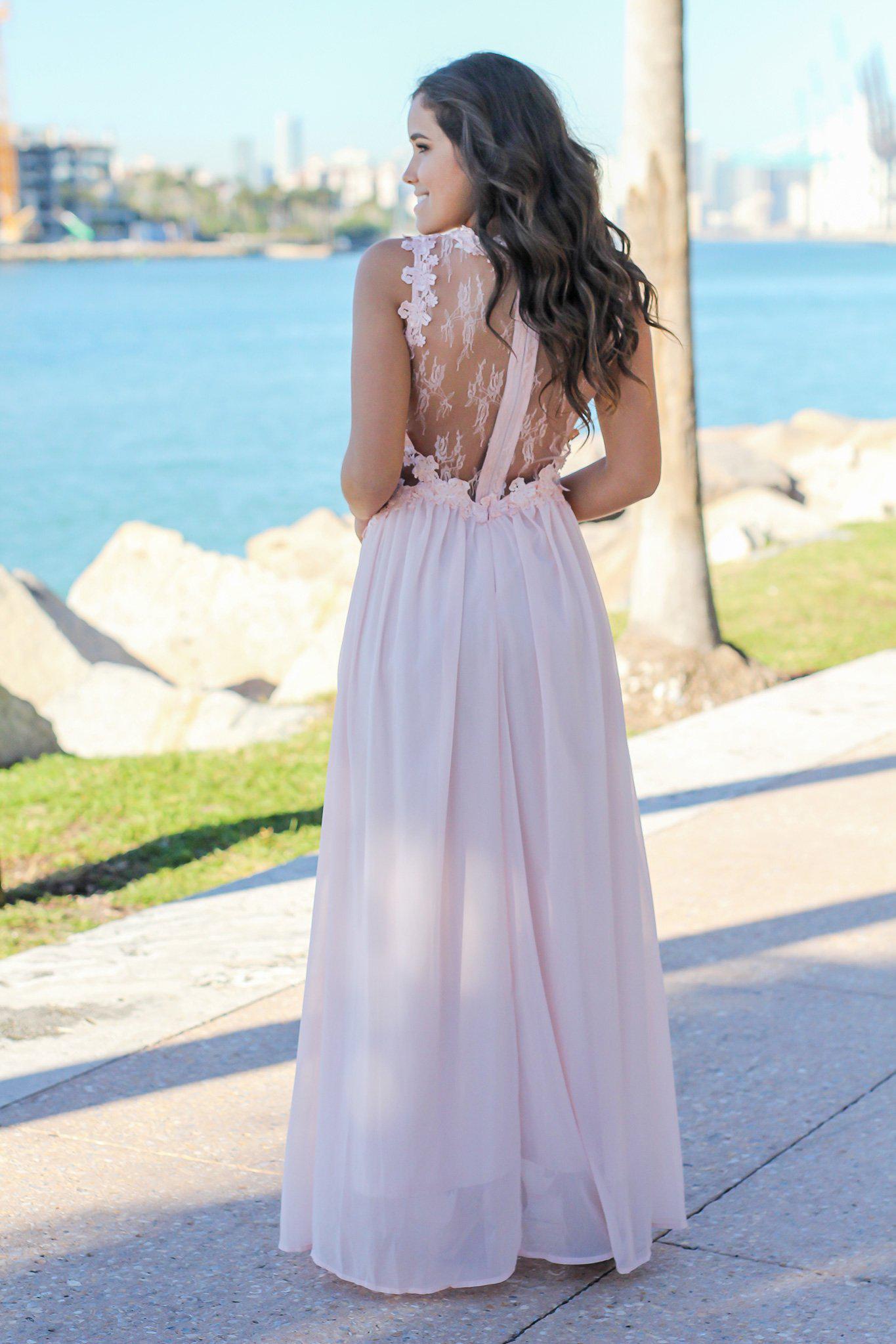 Elegant Blush-Colored Lace Top Long Maxi Dress with Tulle Back for Special Occasions
