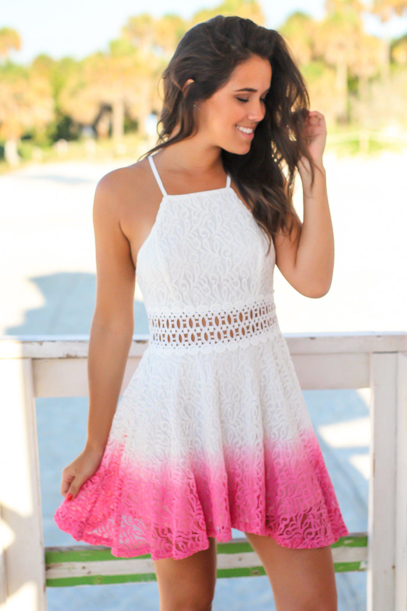 Summer Ivory and Rose Dip-Dyed Short Women's Dress with All-Over Lace Detailing