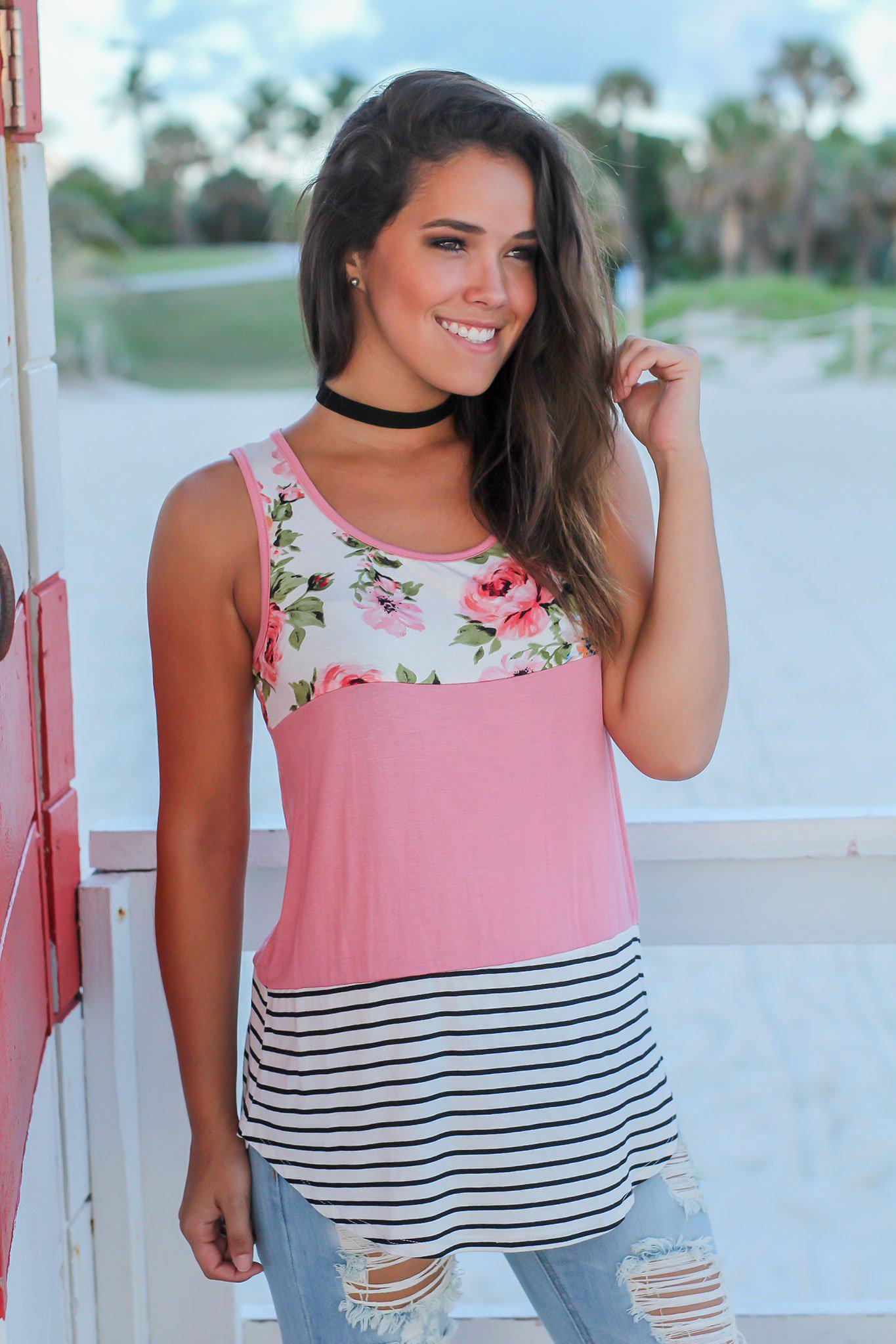 Stylish Mauve Floral and Striped Women's Tank Top