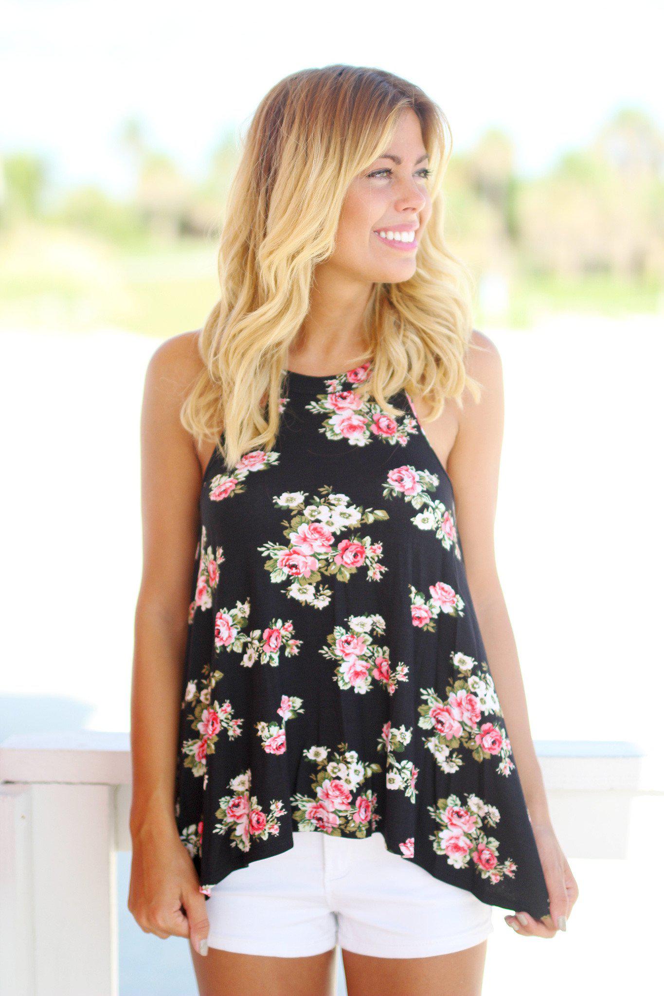 Black and White Floral Design High Neck Women's Blouse Top
