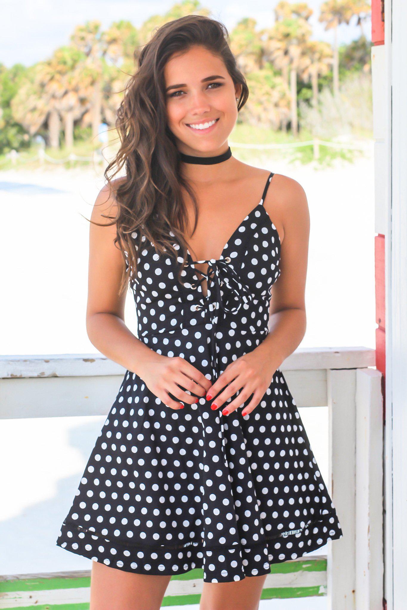 Stylish Women's Black Polka Dot Short Party Dress with Attractive Lace Up Detail