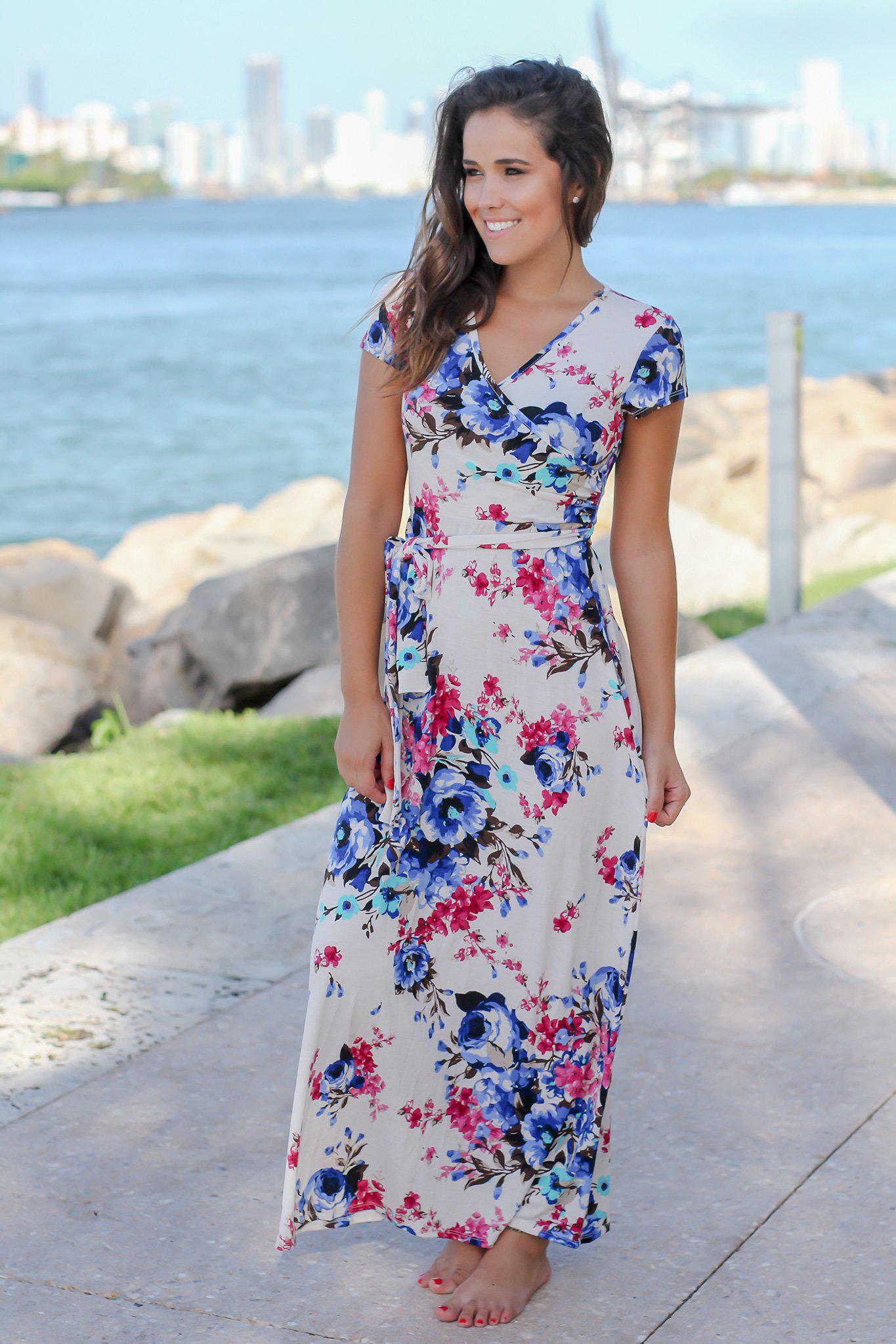 Comfy Ivory, Pink, Aqua & Green Floral Short-Sleeve Maxi Dress