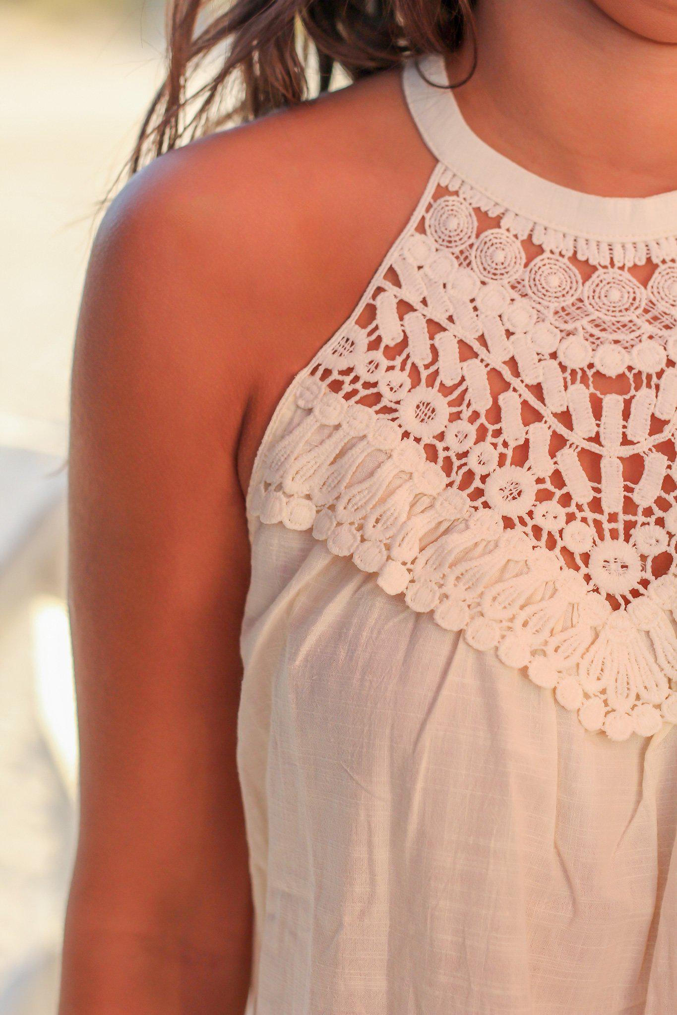Stylish Cream Cotton Crochet Halter Neck Sleeveless Top