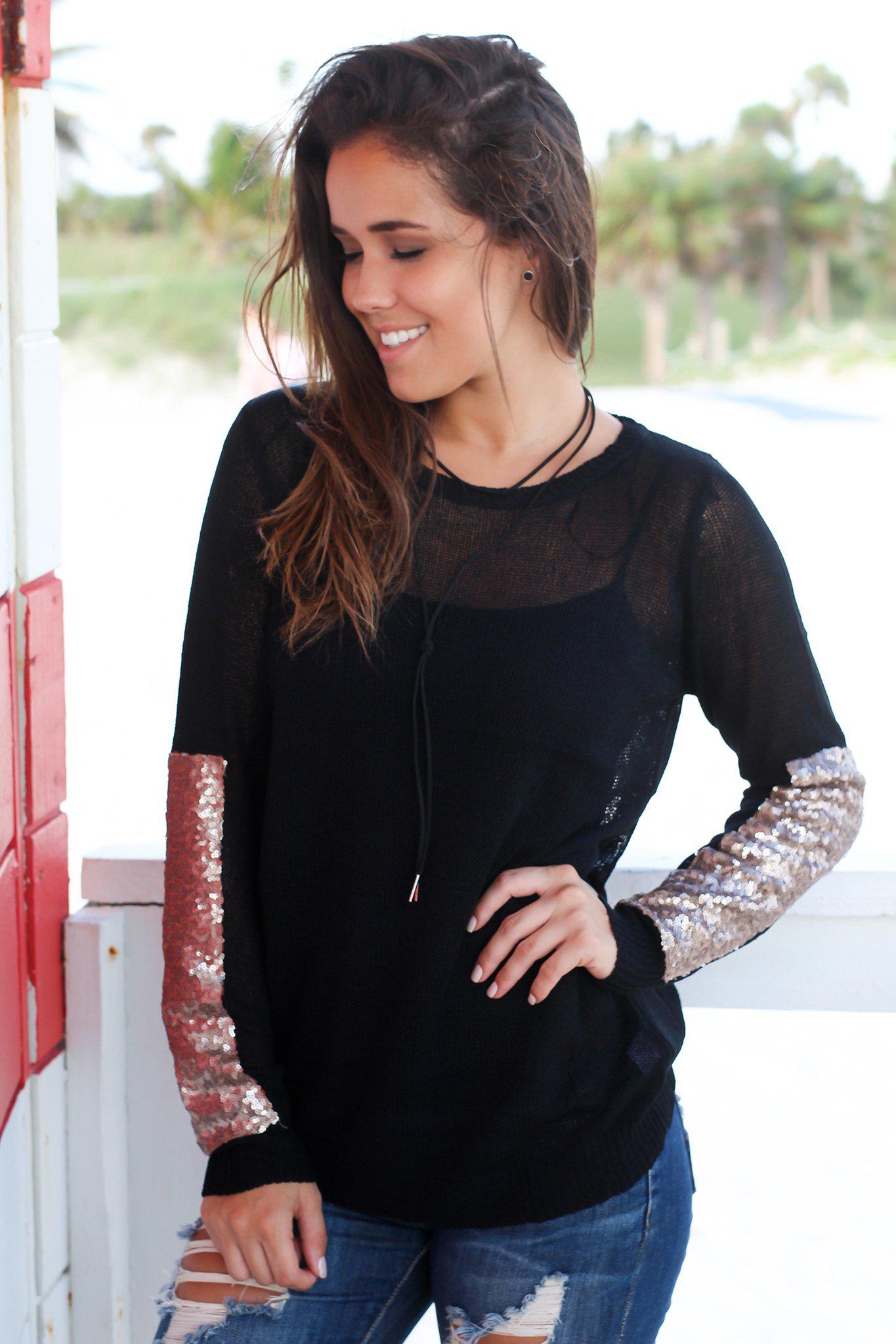 Stylish Black Sheer Top Featuring Taupe Sequined Long Sleeves