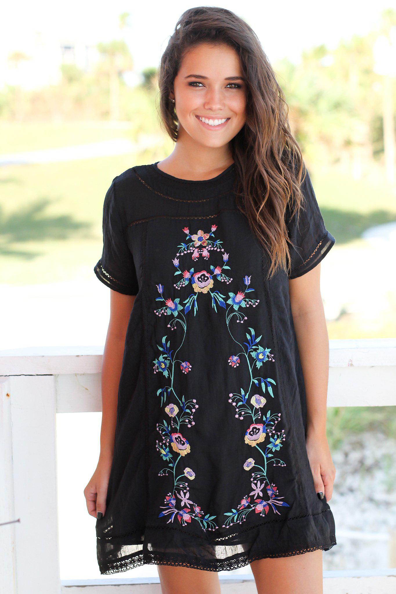 Stylish Women's Black Short Dress Adorned with Floral Embroidery