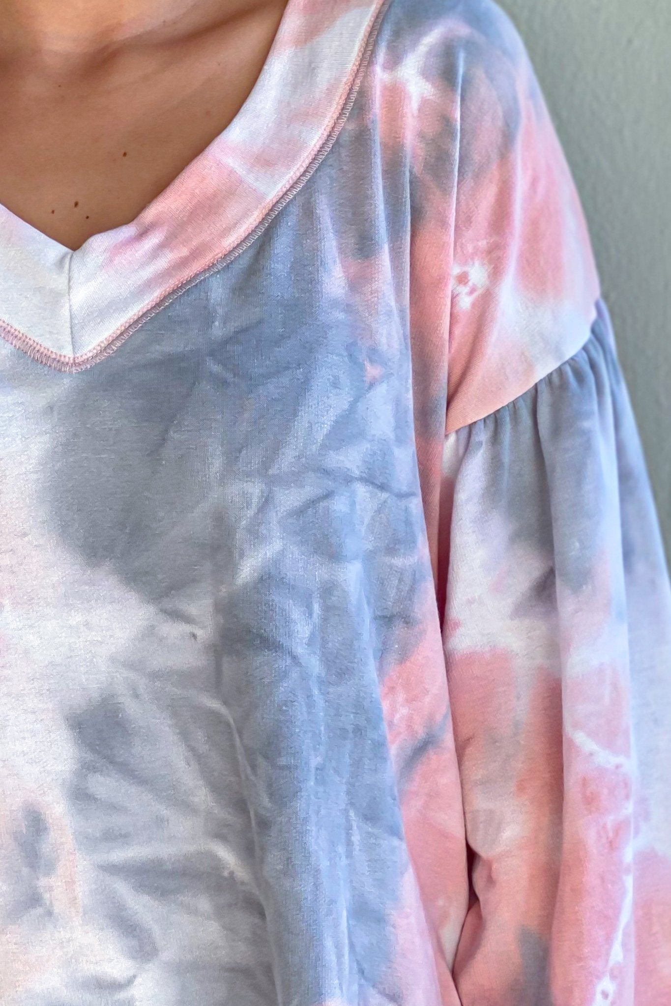 Stylish Blush, Gray, and White Tie - Dye Loose - Fit Sweater