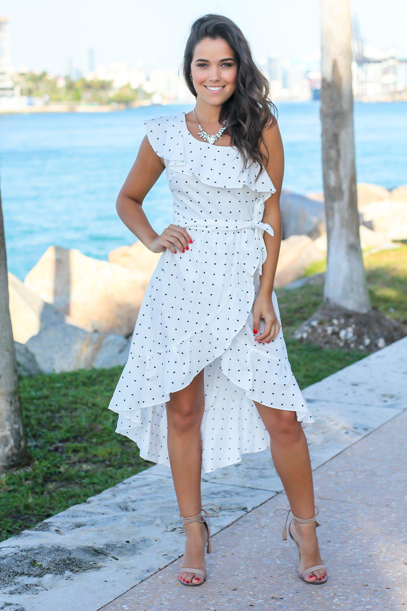 Stylish Ivory and Black Polka Dot High Low Summer Dress