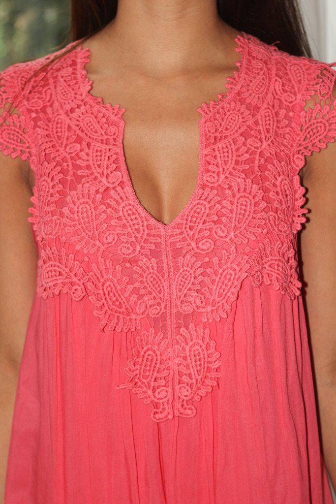 Adorable Coral Crochet Lightweight Short Dress with Sleeves