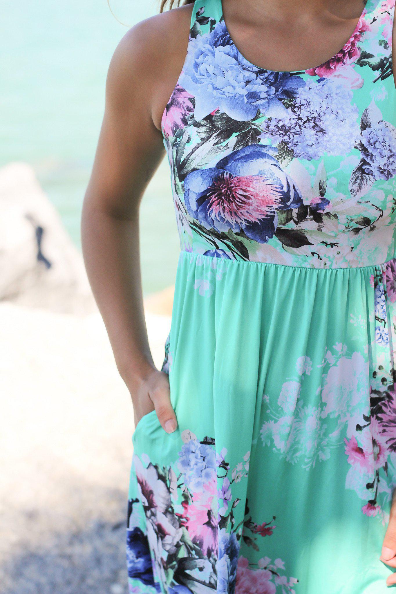 Adorable Mint Floral Print Sleeveless Midi Dress with Pockets